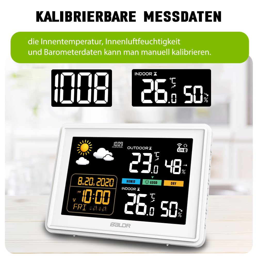 Stazione Meteo Radio Con Sensore Esterno, Orologio Radio DCF, Display a Colori Con Grandi Numeri Di Temperatura Interna Ed Esterna, Illuminazione Permanente, Previsioni Meteo, Visualizzazione