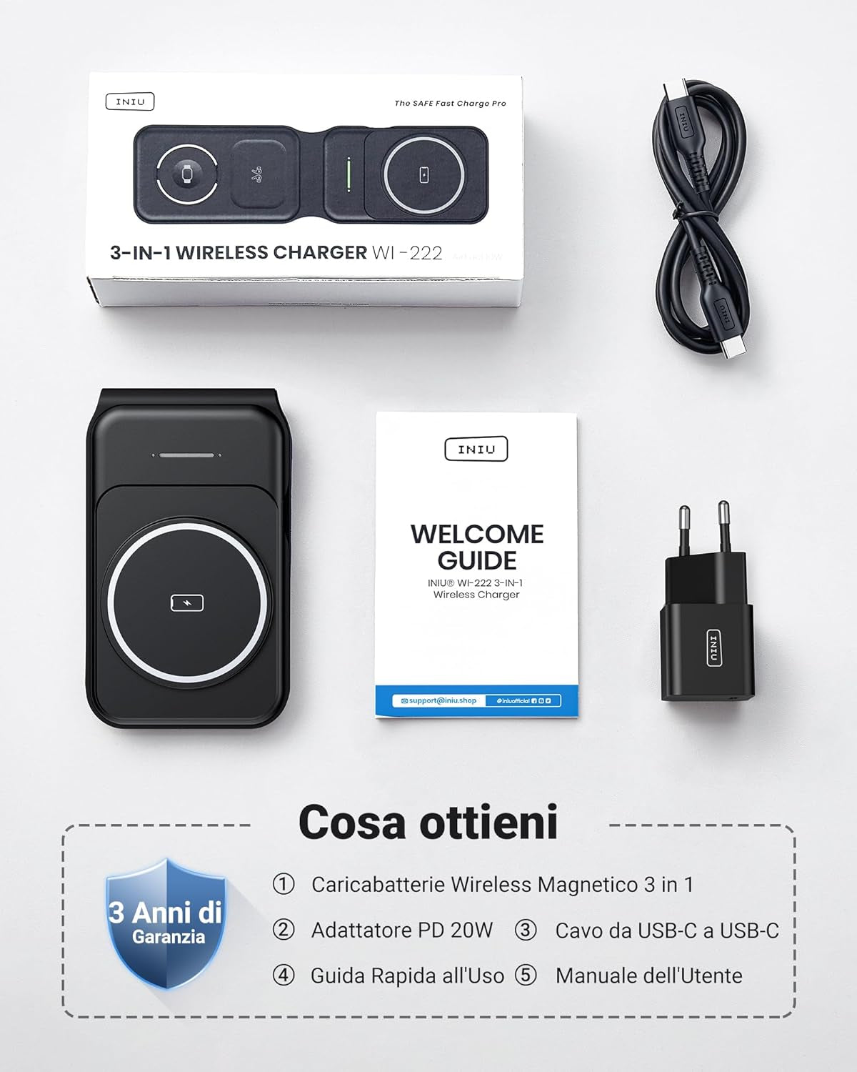 Caricatore Wireless Iphone, Magsafe 3 in 1 Base Ricarica Certificato Qi, Da Viaggio Caricabatterie Wireless Universale per Iphone 15 14 13 12 plus Apple Watch 8 7 6 Ultra Airpods 3 2 Pro Ecc.