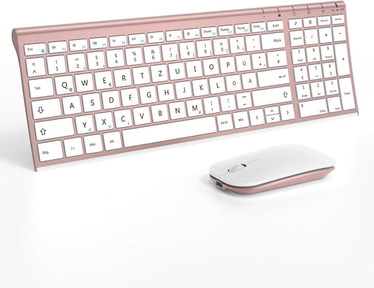 Set Di Mouse per Tastiera Senza Fili, Ultra Sottile, Con Tastierino Numerico E Mouse Wireless Silenzioso, Layout Tedesco QWERTZ per Pc/Laptop/Smart TV, Ecc, Bianco E Oro Rosa