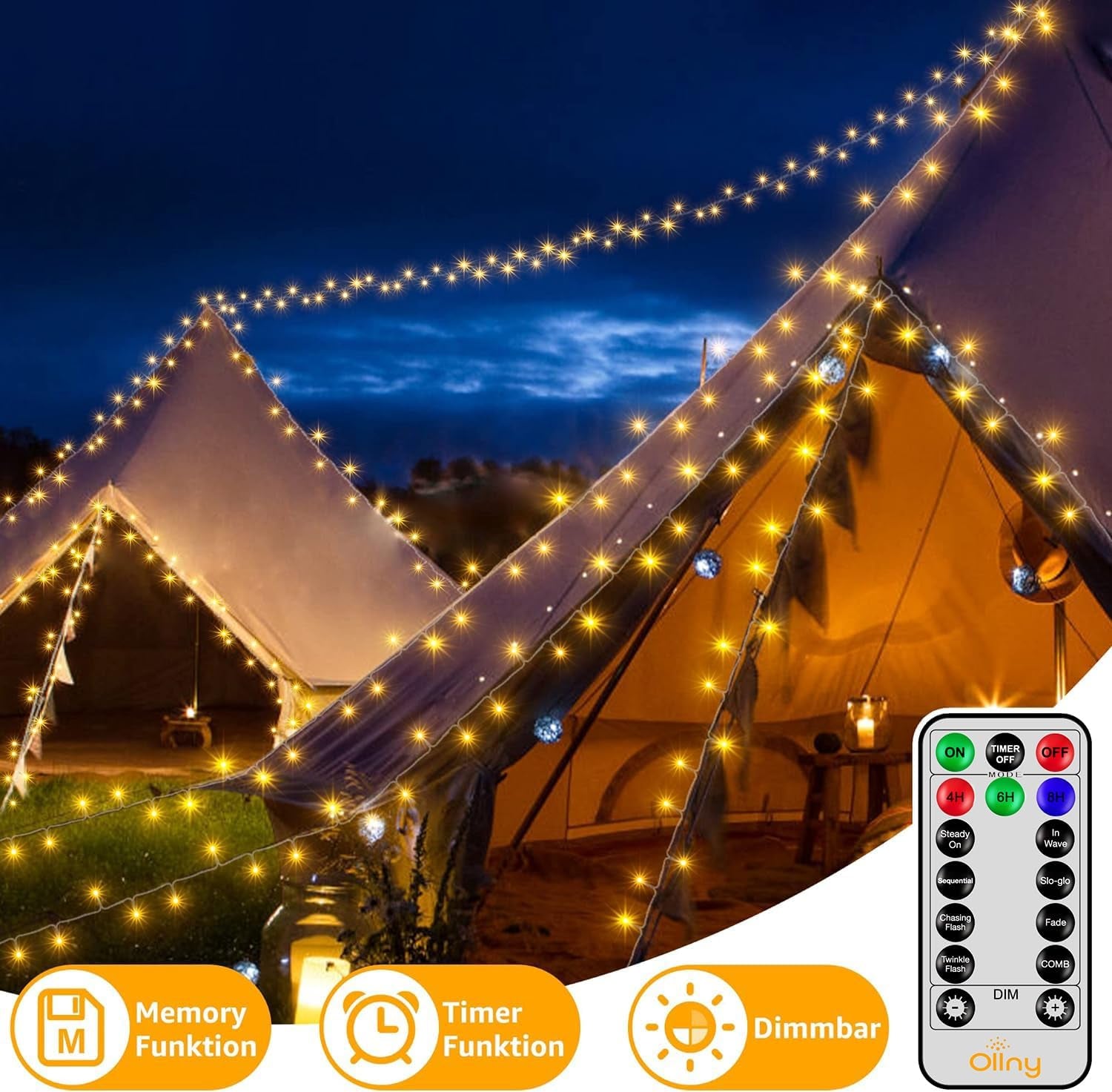 Catena Luminosa Di Natale 600 LED 60M, Luci Stringa Fata Luce Impermeabile Con 8 Modelli Di Illuminazione per Interno Ed Esterno, Feste, Matrimoni, Albero Y Giardino Decorazioni, Bianco Caldo