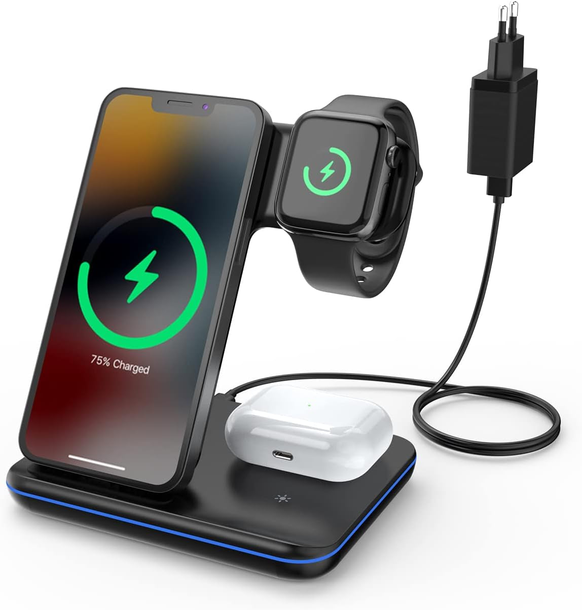 3 in 1 Caricatore Wireless Veloce - 18W Ricarica Wireless Con Adattatore QC 3.0 - Caricabatterie Wireless Docking Station Compatibile Con Iwatch, Airpods, Iphone Series 14/13/12/X/8 Ecc