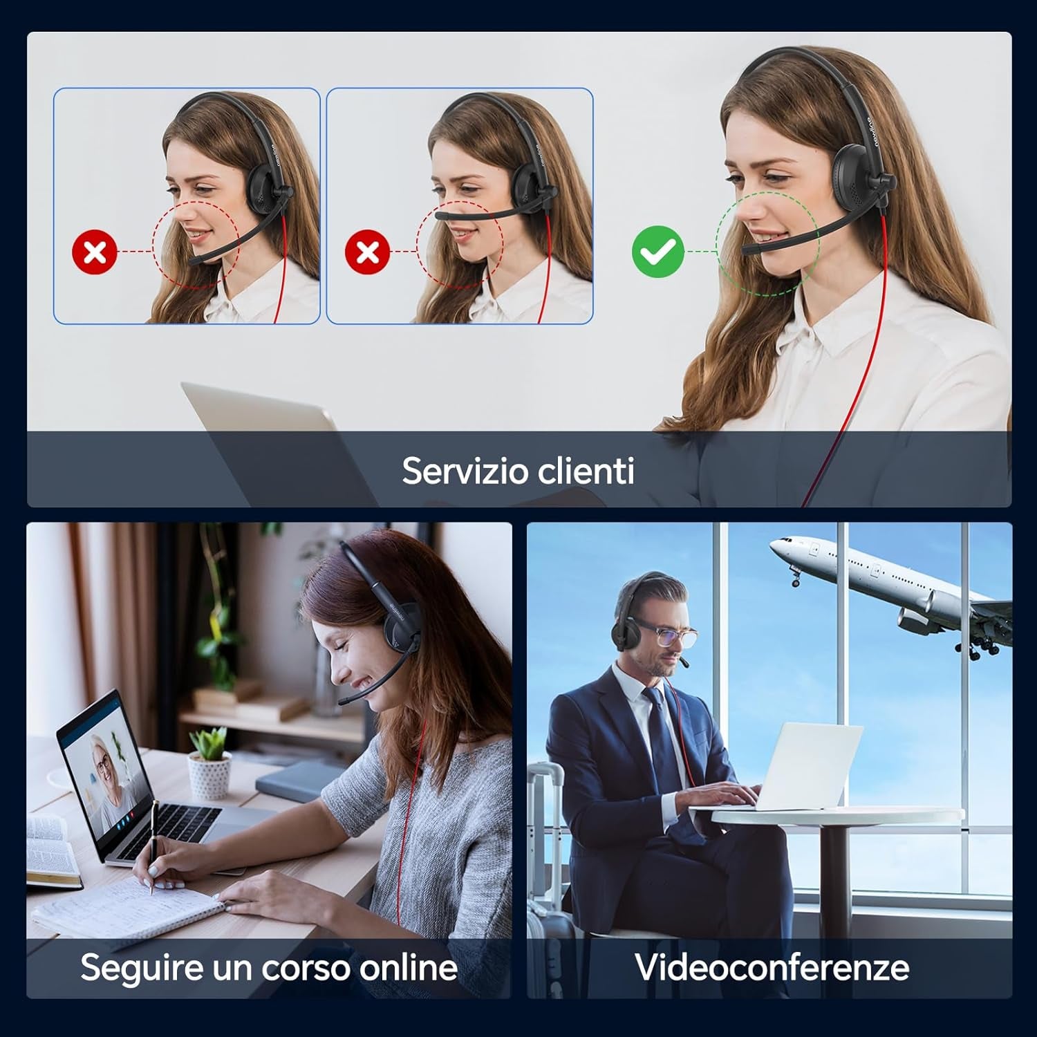 Cuffie per PC Con Microfono USB Super Riduzione Rumore, Comfort Di Utilizzo Prolungato, Effetto Sonoro Hifi, Cavo Di 1,87 Metri, Headset