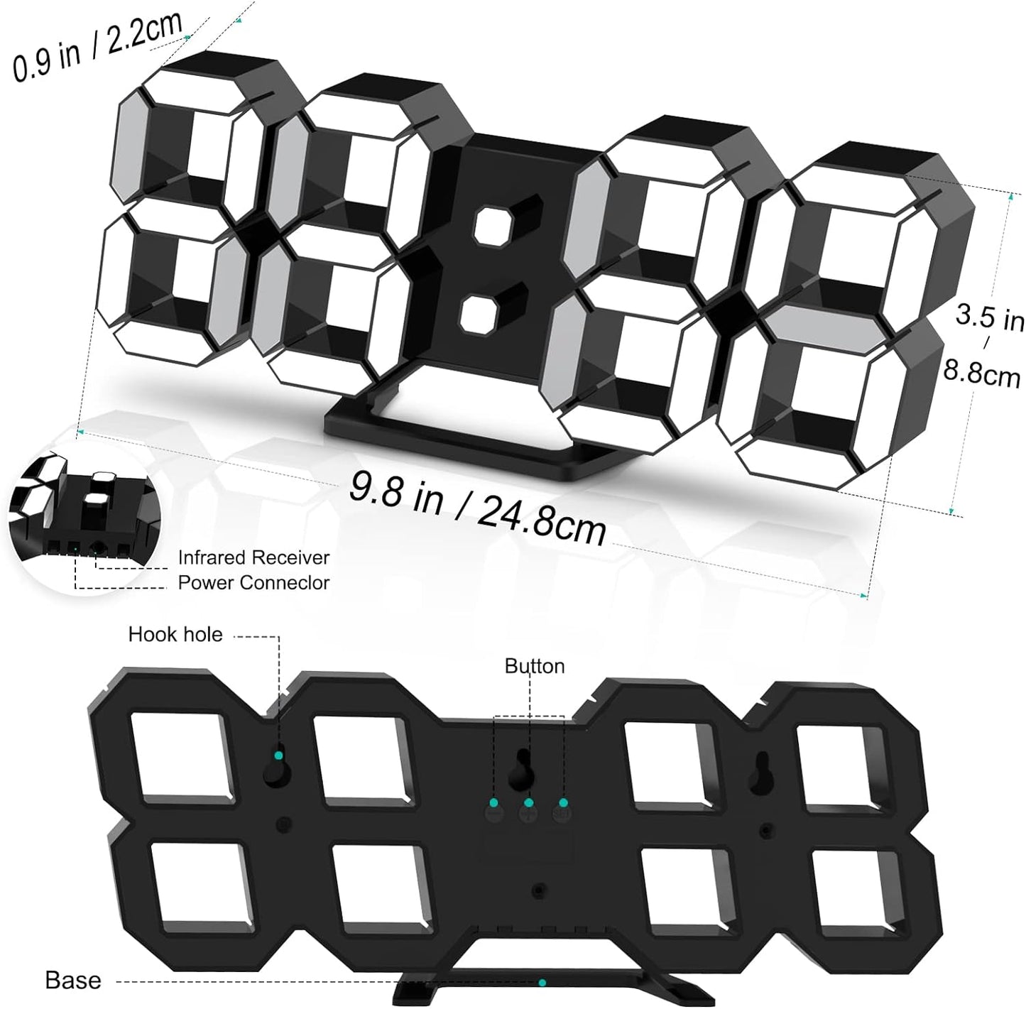 Orologio Parete Digitale Sveglia LED 25.2Cm Snooze 3D Silenzioso Luminosità Regolabile Memoria 12/24H Data/Temperatura Controllo Remoto Luce Notturna Comodino Camera Letto Cucina Ufficio