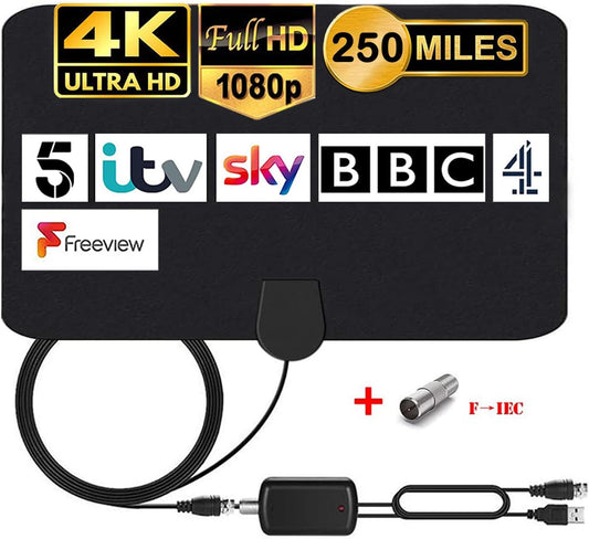 Antenna TV Interna Con Amplificatore Segnale Antenna HDTV per DTT DVB-T/DVB-T 2 Con Cavo Di 4,4M, Antenna Finestre per Ricezione TV Digitale HD/VHF/UHF/FM (Aggiornata)