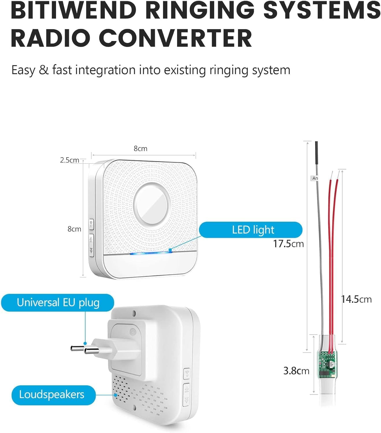 Set Di Estensione per L'Inoltro Del Segnale Radio Campanello E Gong 1 Convertitore Radio + 1 Ricevitore per Sistemi Di Campanello Esistenti (Trasmettitore Incorporato 3-24V