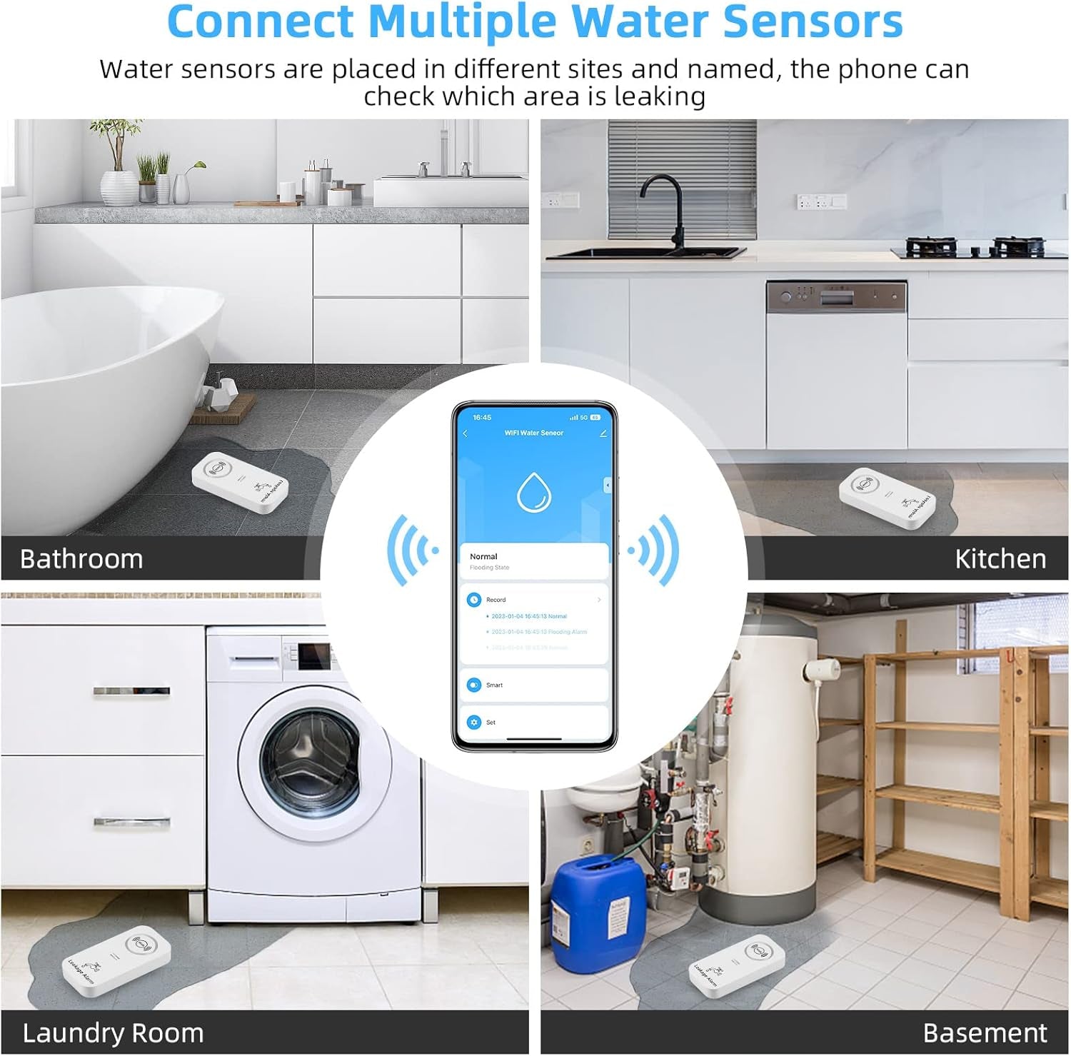 Rilevatore Di Perdite D'Acqua Wifi (Wifi 2.4G), Allarme Sensore D'Acqua Da 90 Db E Avviso Tramite App, Allarme Rilevatore Di Perdite Wireless, per Tubi, Cucine, Bagni, Cantine (4 Pezzi)