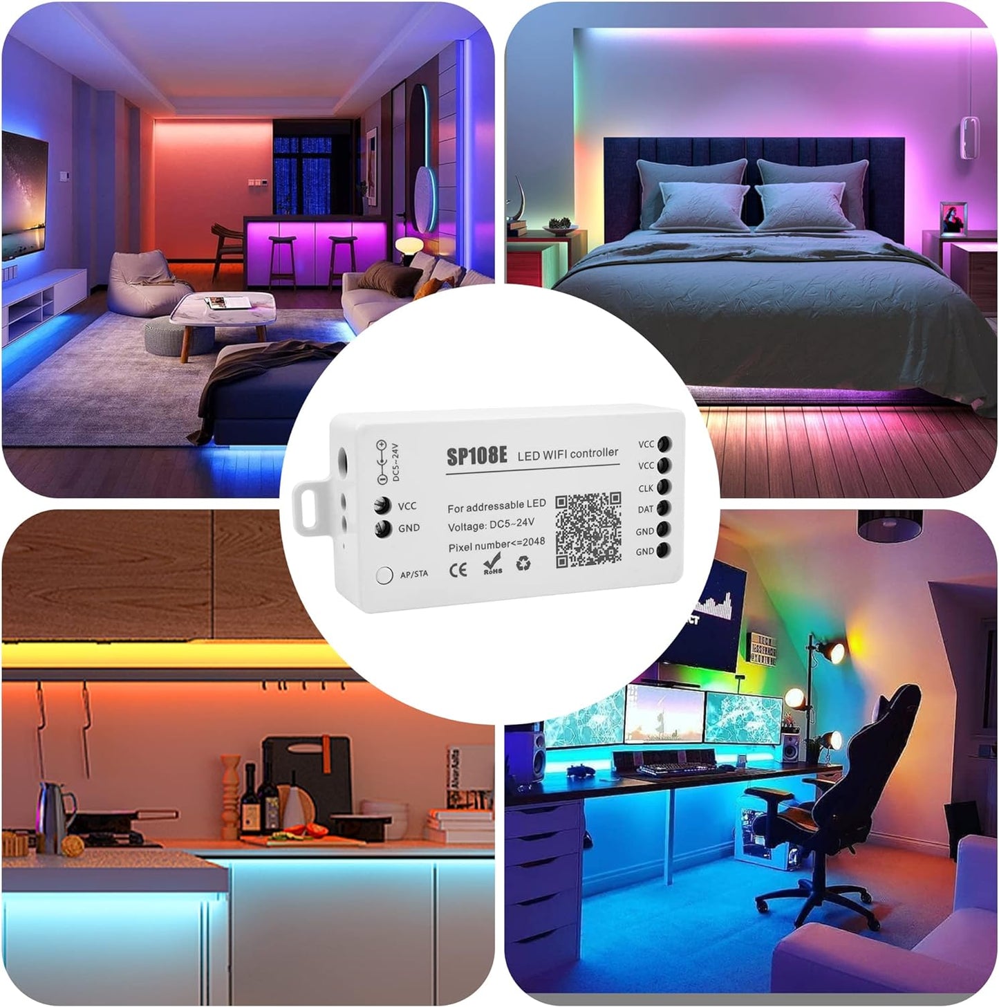 SP108E Controller Wifi DC 5-24V per Strisce LED, Controllore Wifi Dell'App Ios Android per Striscia LED RGBW WS2812 WS2813 WS2815 [Classe Di Efficienza Energetica A]