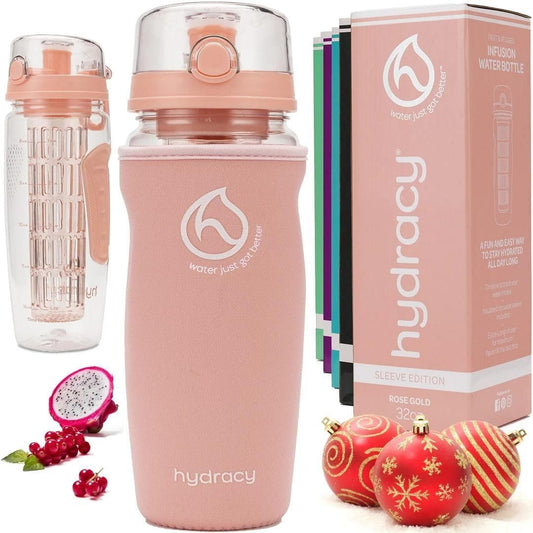 Bottiglia Con Infusore per Acqua Aromatizzata Alla Frutta, Linee Marca Tempo E Sacca Isolante Antitraspirante -1L -Senza BPA - Rose Gold