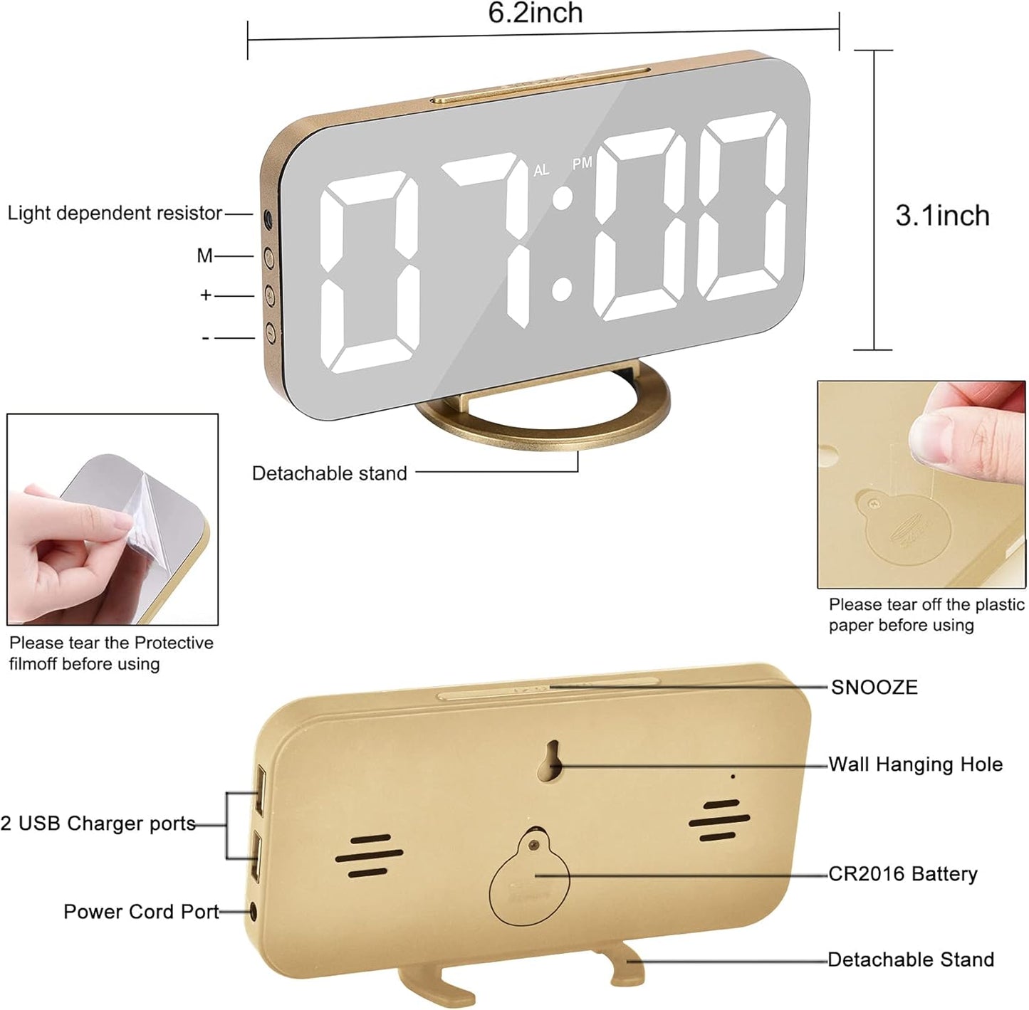 Sveglia Digitale, Elettronica, Grande Display LED a Specchio Portatile Con 2 Porte Di Ricarica USB, Snooze, 12/24 Ore Sveglia Comodino 3 Livelli Di Dimmer-Oro