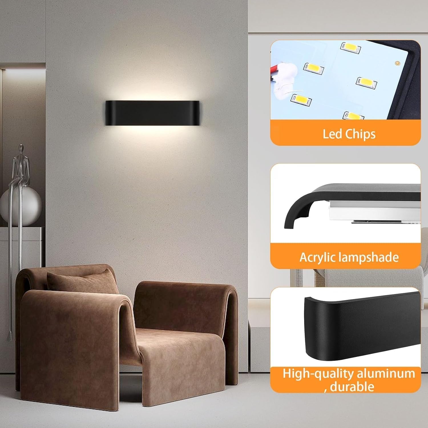 2Pezzi Applique Da Parete Interno Nero, 16W Lampada Da Parete Intern, 4500K Illuminazione Moderna per Camera Soggiorno, IP44 Luci Da Parete Interno, Bianco Neutro Applique Camera Da Letto