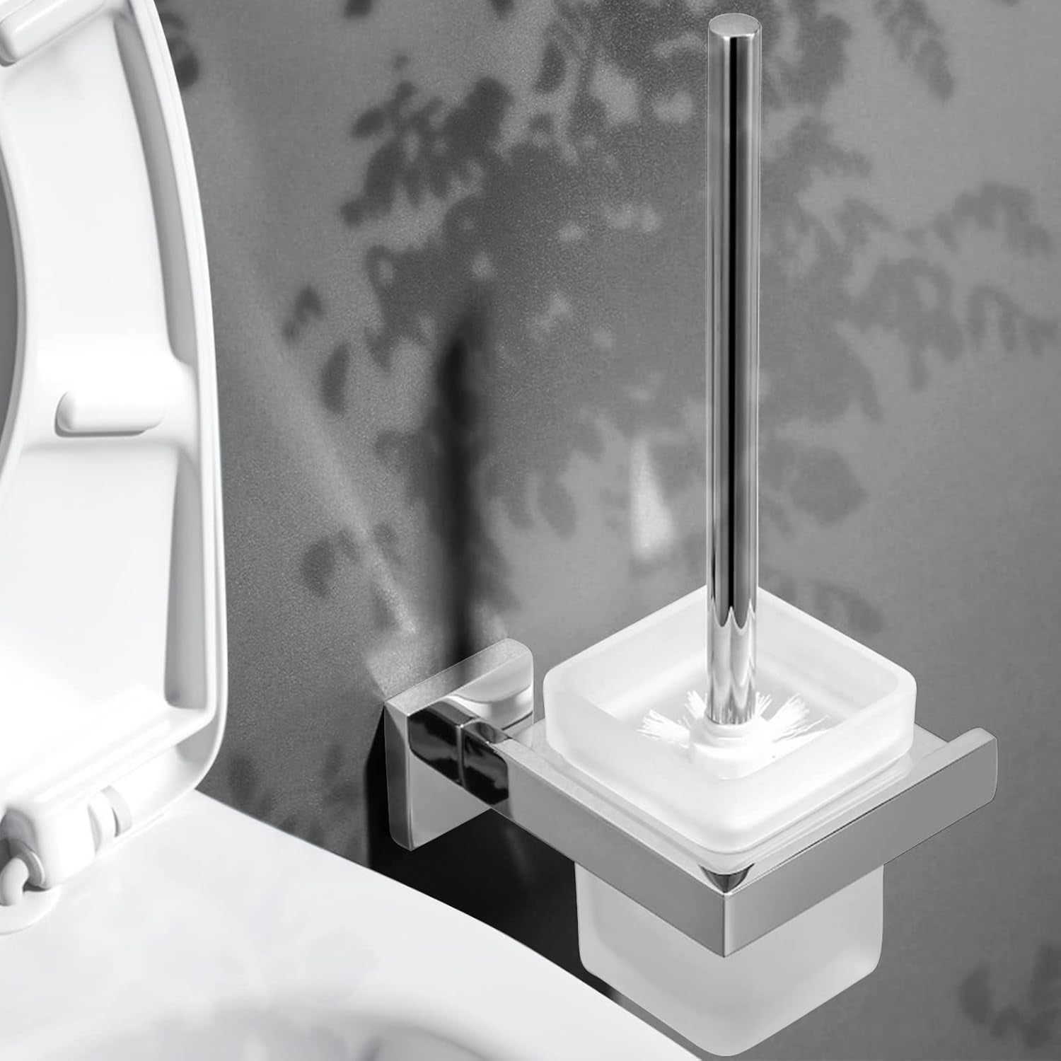 Spazzola WC Bagno in Vetro Parete Porta Scopino, Con 2 Testina E Portascopino Acciaio Inox, Quadrato Porta Spazzolino, Set Di Scopini per Bagno, Smerigliato Vetro, Argento Cromo Supporto
