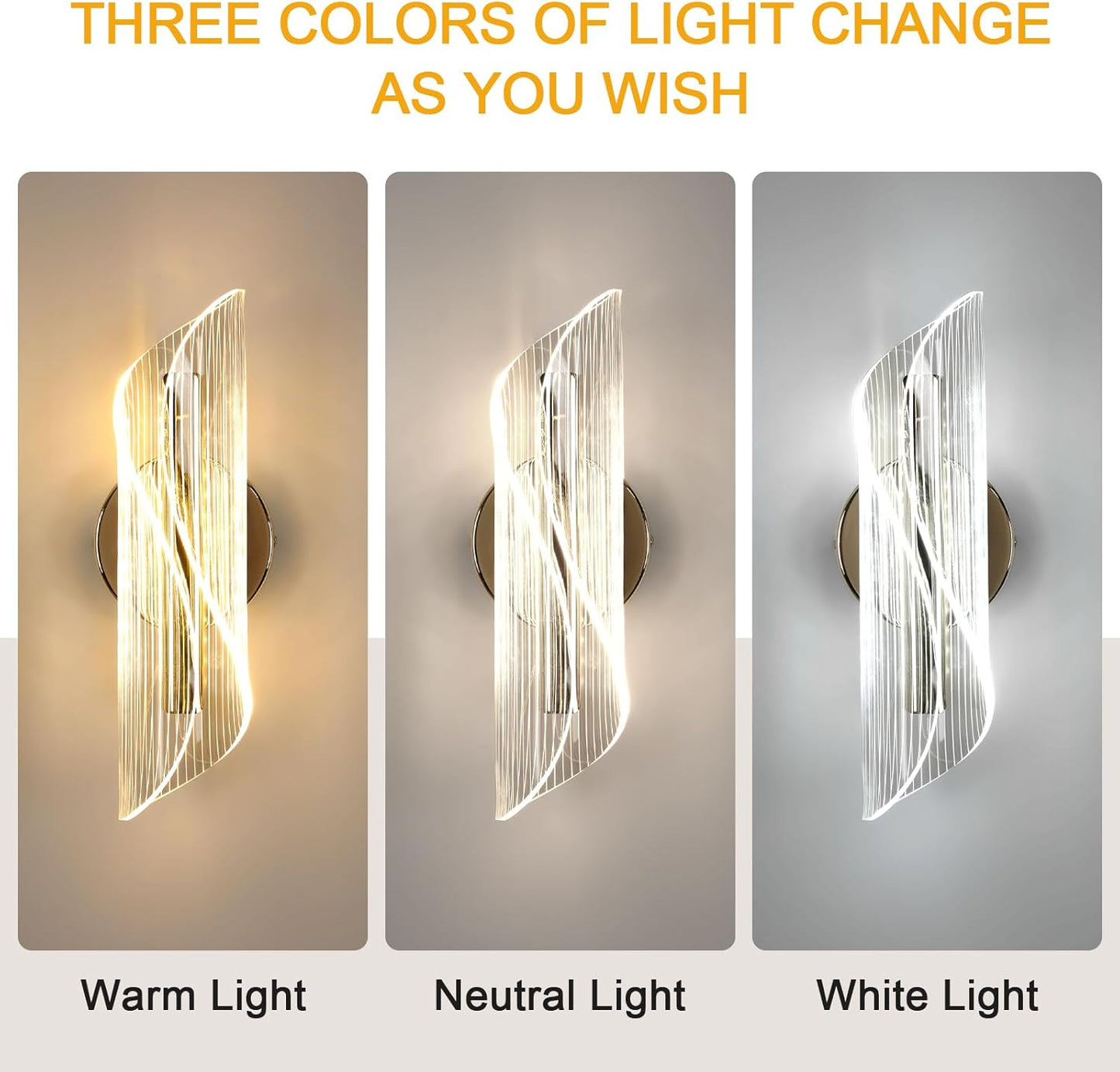 Applique Da Parete Interno, 16W 1800LM Lampada Da Parete a LED, 3000K&4500K&6500K Applique LED Creativo per Camera Da Letto Soggiorno Corridoio, Oro, 28 * 10CM