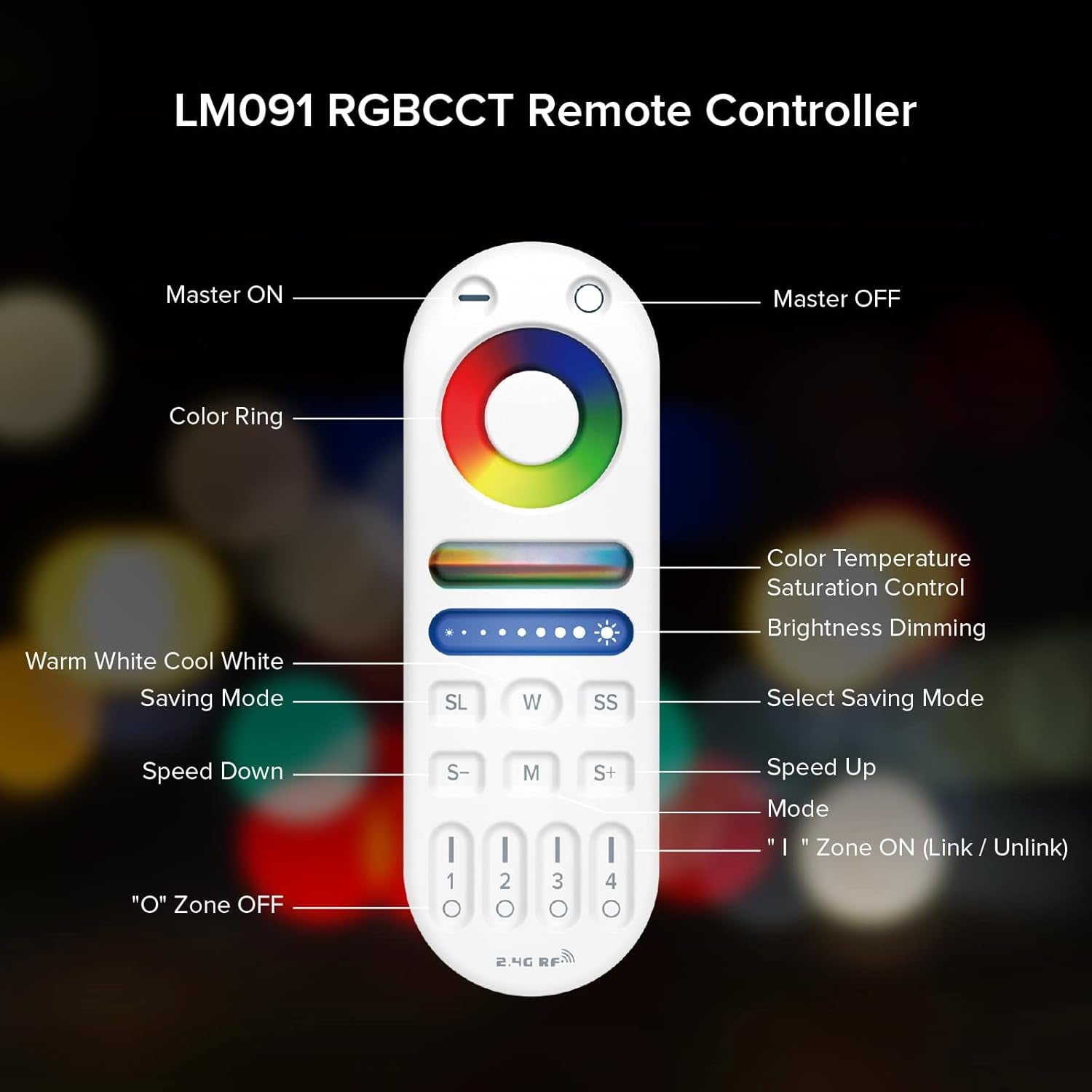 LM091 2.4G RF Telecomando Di Ricambio Compatibile Con RGBCCT WB5 LM053 Luminosità Modalità Colore Regolabile LED Controller 4 Canali 99Ft Control Distance 4-Zone Group Control Control