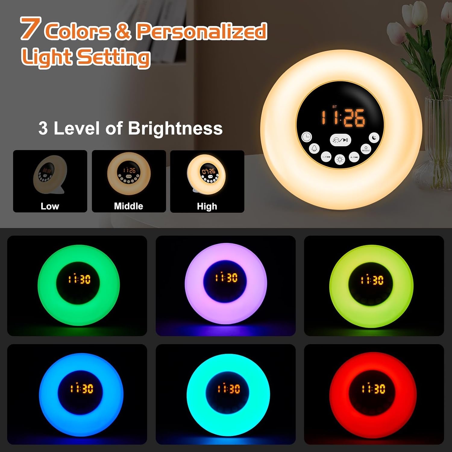 Wake up Light, Sveglia Alba Con Interruttore a 6 Colori E Radio FM, Sveglia Luce Con Suoni Della Natura Multipli, Controllo Touch E Funzione Snooze