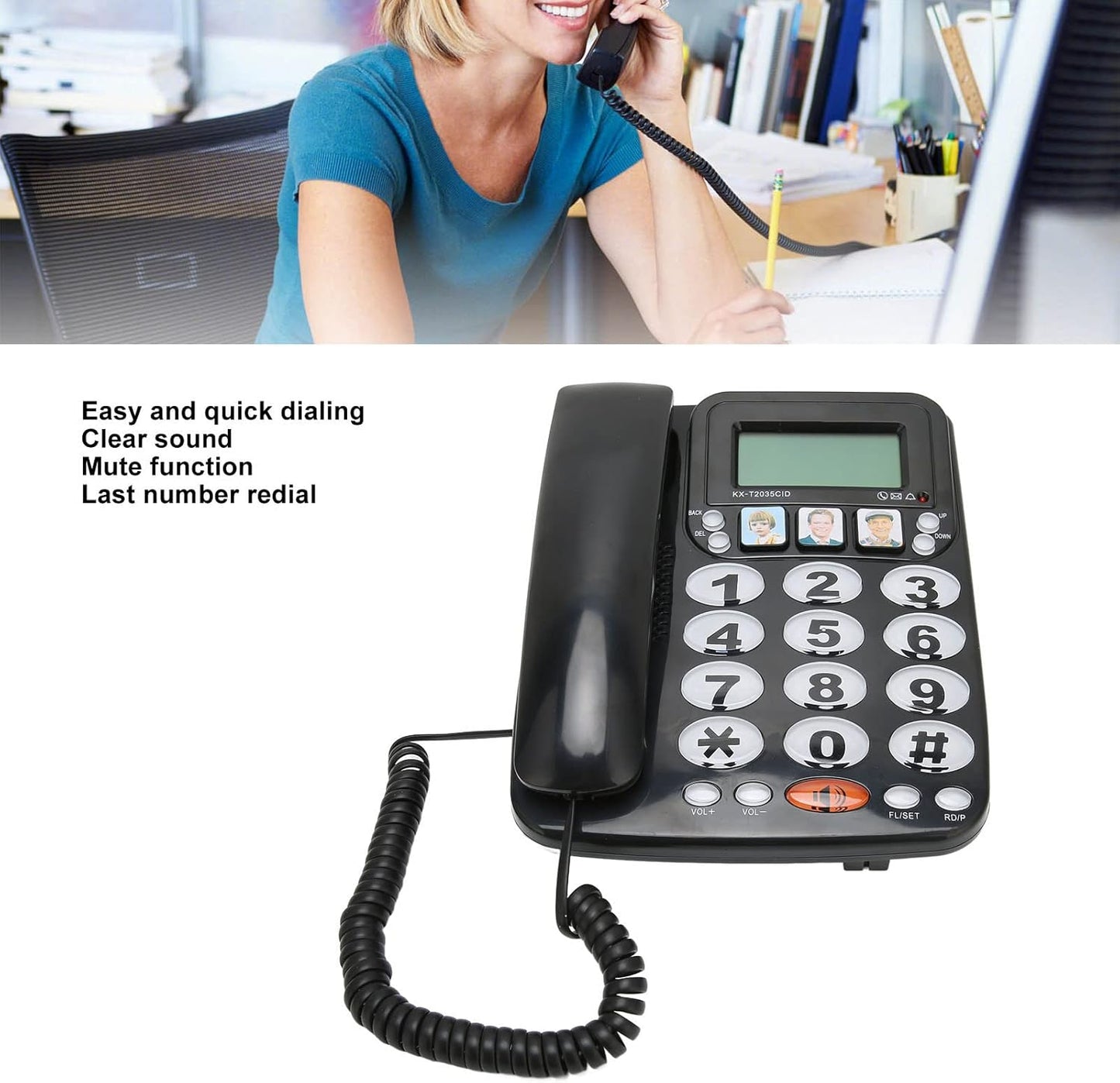 Big Button Phone per Anziani, Pulsanti Con Filo Fisso per Foto Telefoniche per Pazienti Con Suono Chiaro Supporto a Doppia Porta Che Memorizza 3 Numeri Comunemente Usati (Nero)