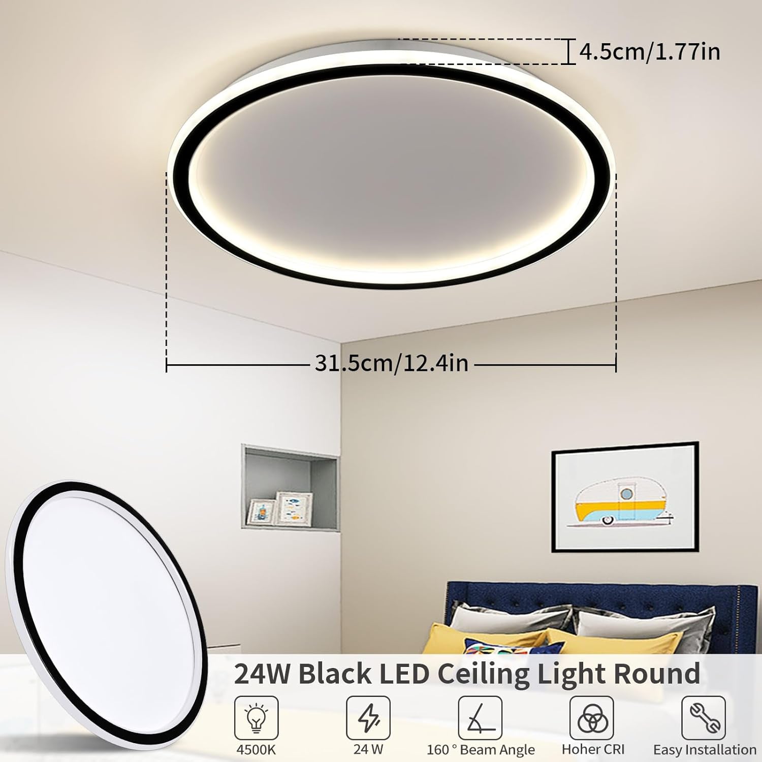 Plafoniera LED Soffitto 24W, Lampada Da Soffitto Plafoniera Soffitto 4500K, Plafoniera LED Soffitto Moderna per Camera Da Letto Cameretta Bambini, Cucina, Corridoio, Nero, Ø31.5Cm