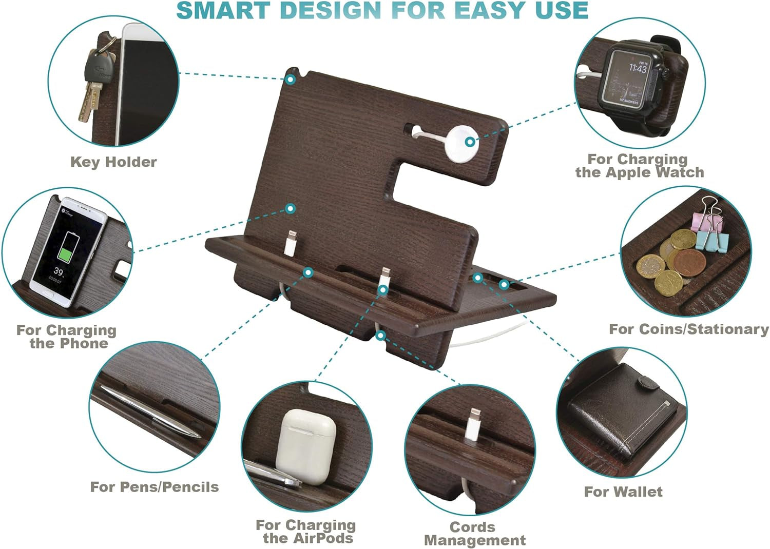 Docking Station in Legno per Telefono Dalla Cenere Con Svuota Tasche E Porta Orologio Natale Regalo Da Uomo Docking Station Organizzator per Orologi Compatibile Con Iphone Iwatch Airpods