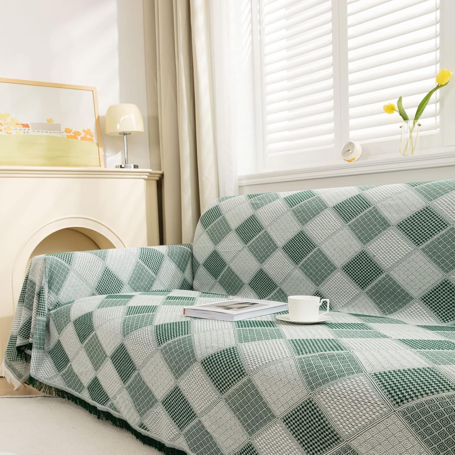 Coperta in Tessuto per Divani Grande a 3 Posti per Divani E Letto, Reversibile, Versatile, Elegante, Con Motivo a Rombi E Nappe, Verde, 180 X 300 Cm