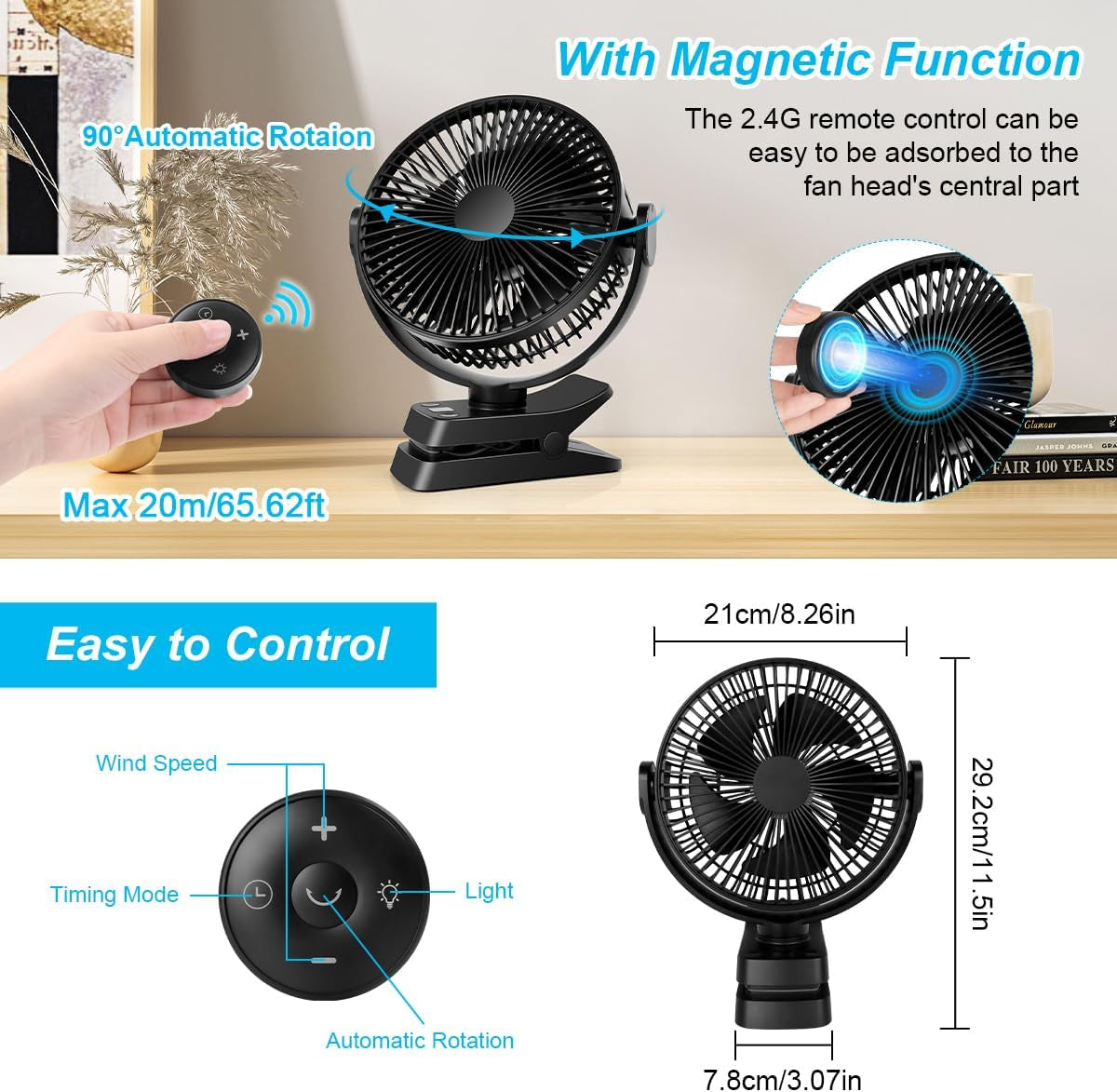 Ventilatore Da Tavolo USB, 12000Mah Ventilatore Da Campeggio Ricaricabile, Ventilatore Con Clip Silenzioso Con 5 Velocità, Portatile Ventola Con Telecomando per Ufficio Campeggio Tenda Passeggino