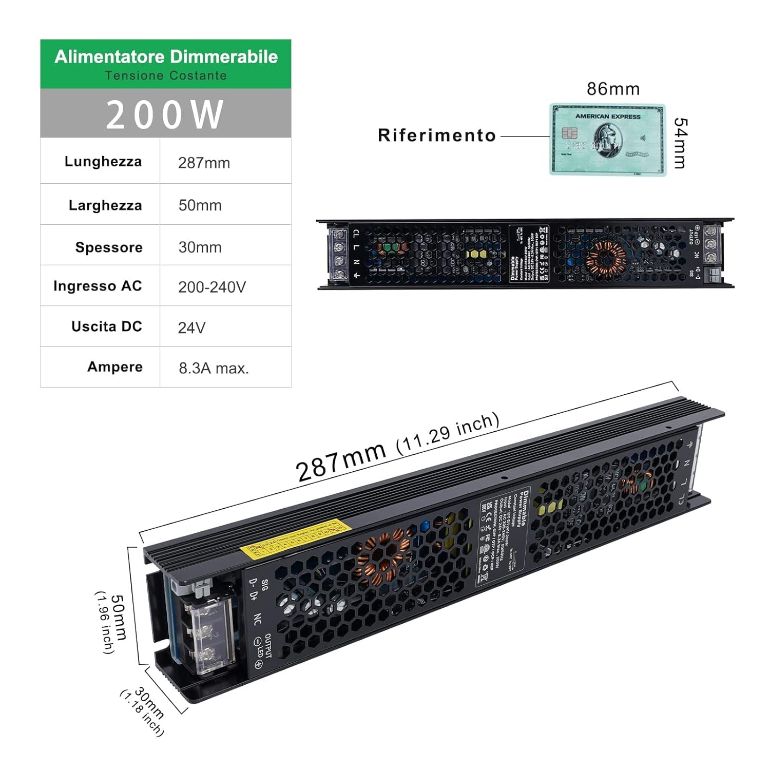 Trasformatore LED Dimmerabile 24V 200W, 0/1-10V E Dimmerazione a TRIAC, Alimentatore 24V 8.33A Di Tensione Costante, Driver LED Di Bassa Tensione per Strisce LED, Luce Dell'Armadio