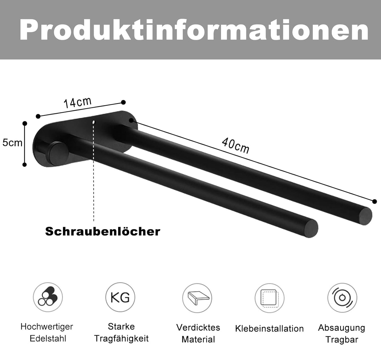 Portasciugamani a Due Bracci, in Acciaio Inox, Senza Foratura, per Asciugamani, Da Parete, 40 Cm, Colore Nero