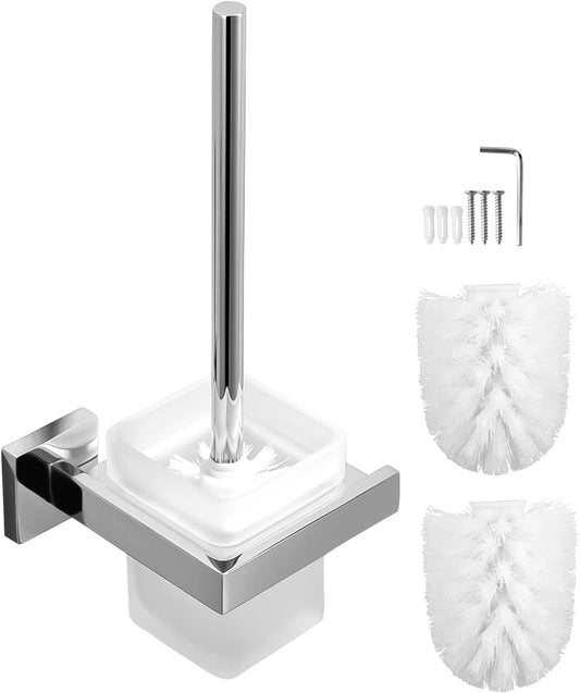 Spazzola WC Bagno in Vetro Parete Porta Scopino, Con 2 Testina E Portascopino Acciaio Inox, Quadrato Porta Spazzolino, Set Di Scopini per Bagno, Smerigliato Vetro, Argento Cromo Supporto