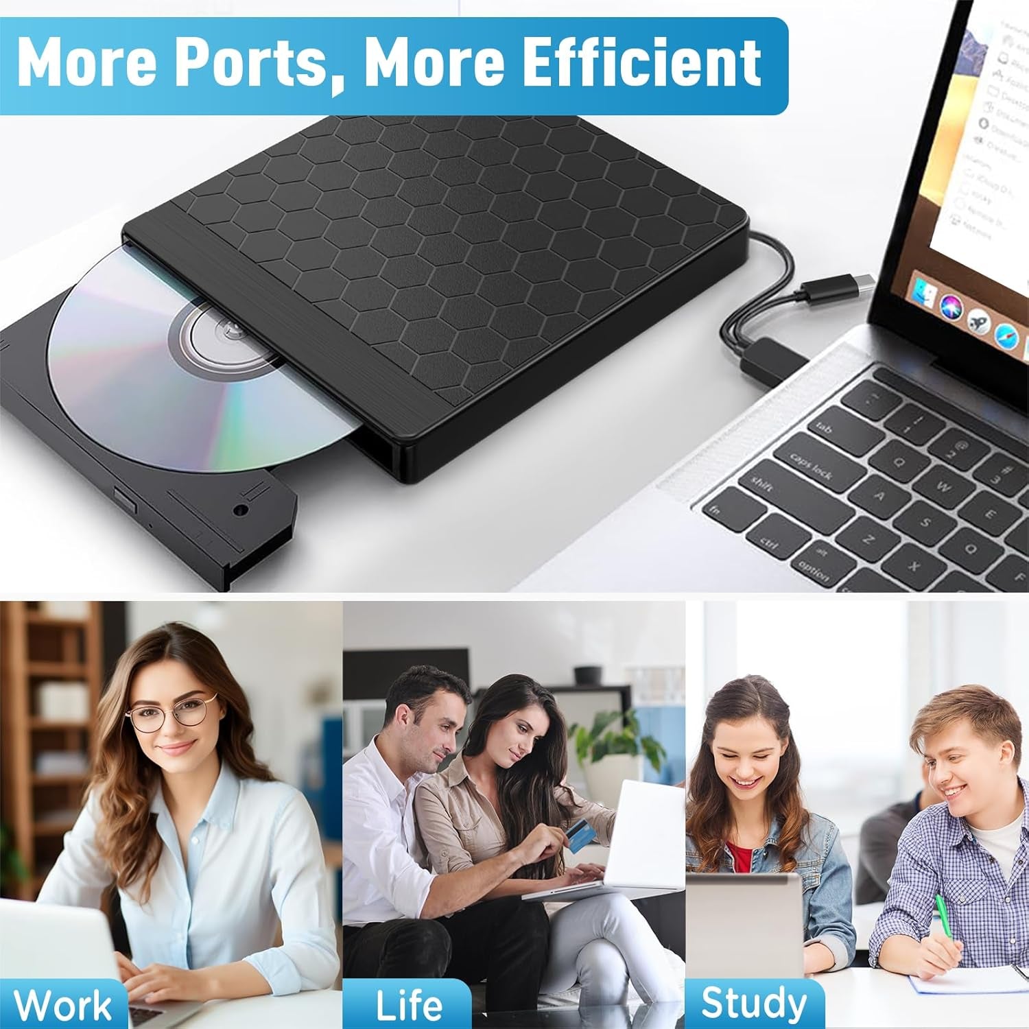 Lettore CD DVD Esterno per PC Portatile, Masterizzatore DVD Esterno,Usb 3.0 Con 2 Porte USB E Lettore Di Schede TF/SD, Lettore CD/DVD per PC Laptop Macbook per Windows 11/10/8.1/7/Linux/Mac OS