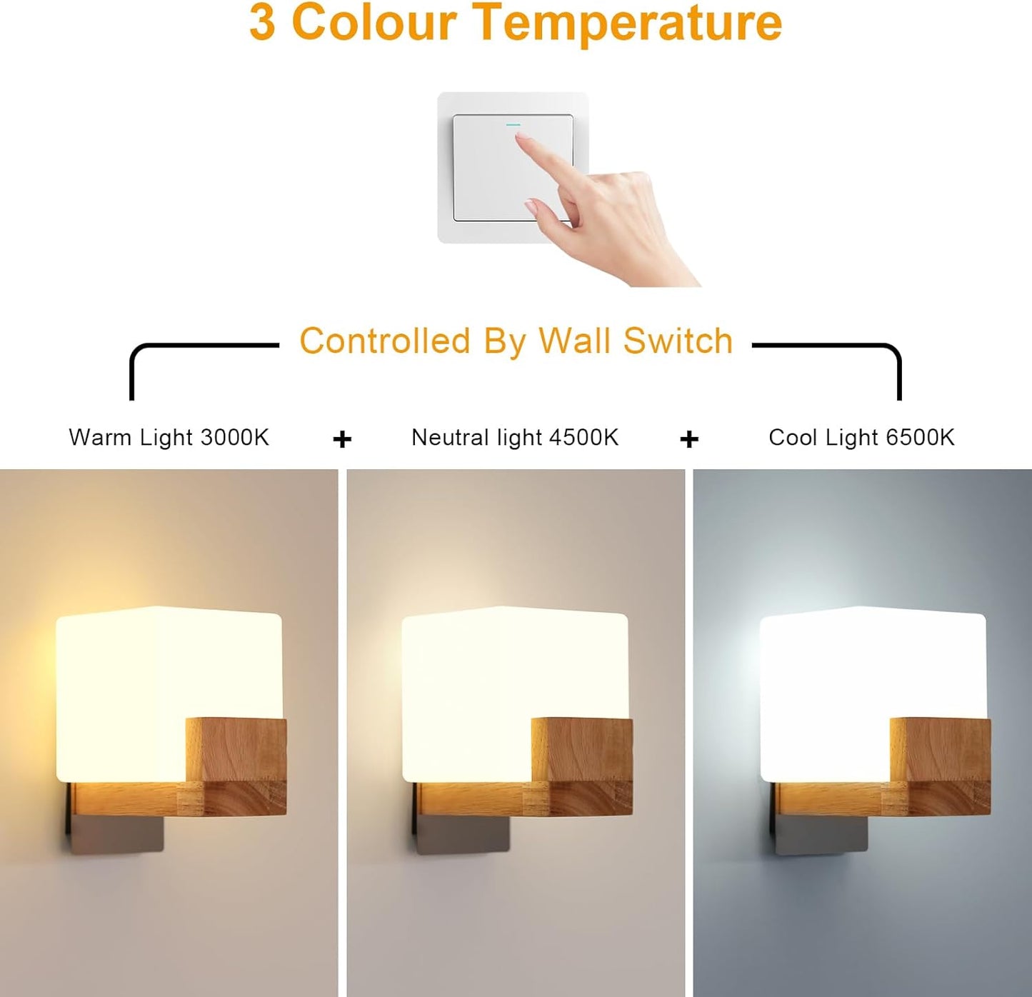 Applique Led Da Parete Interno 3000K-6500K Applique Da Parete Dimmerabile a Tre Colori Lampada Da Parete Creativa in Legno Adatto per Camere Da Letto, Corridoi, Scale