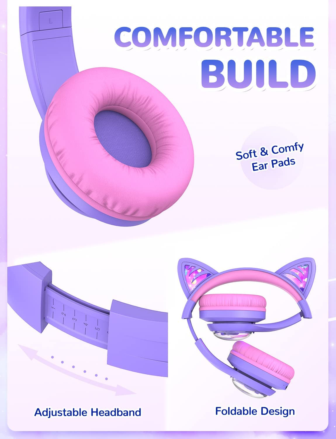 Cuffie Bluetooth per Bambini, BTH19 Cuffie per Bambini a Orecchie Da Gatto Con Luci LED, Limite Di Volume 74/85/94Dba, Tempo Di Riproduzione 45 Ore, Cuffie Wireless Sovraurali Con Microfono