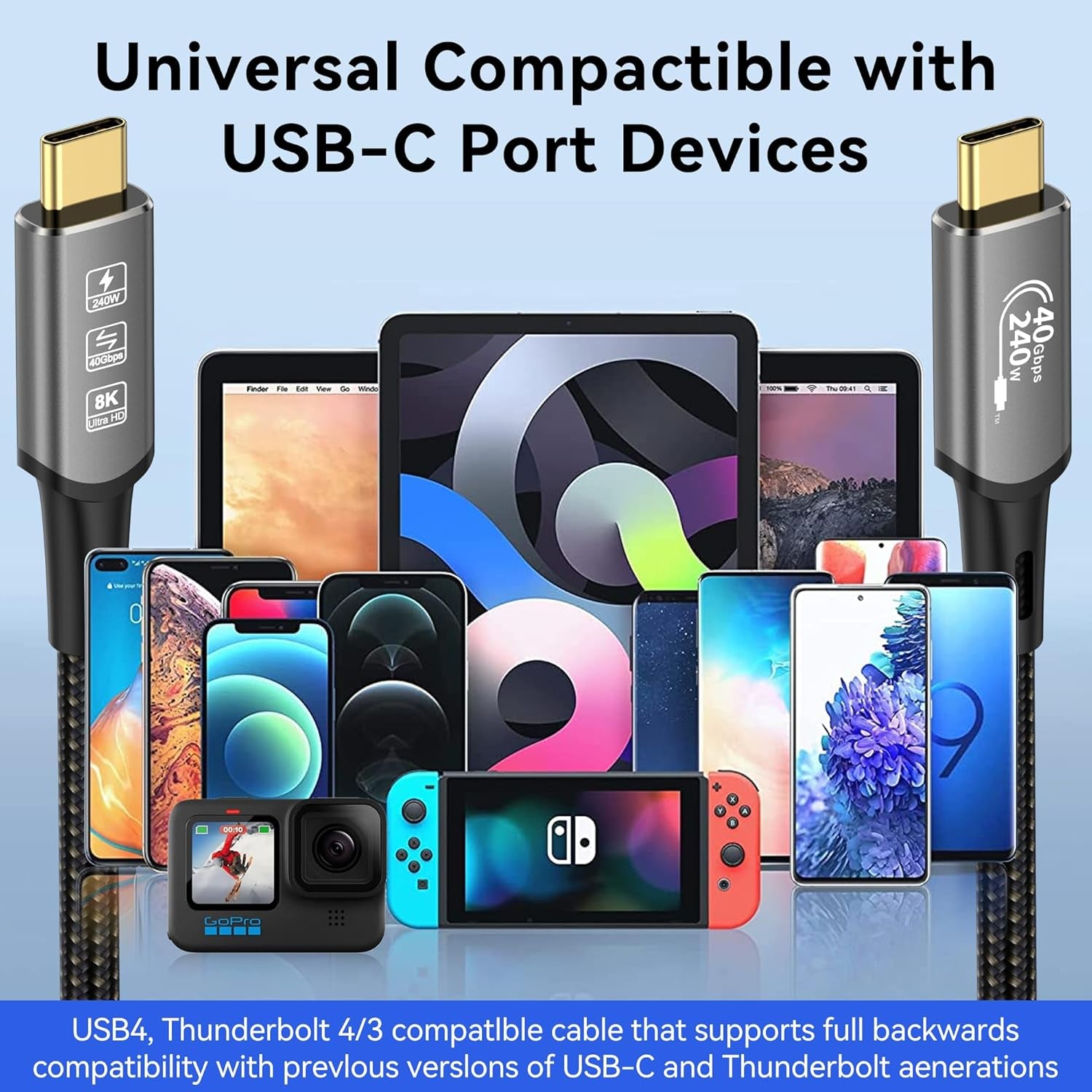 Cavo USB 4, Con Cavo Thunderbolt 4, Cavo Di Ricarica Da 240 W, Cavo Dati Da 40 Gbps, 8 K a 60 Hz, 4 K120 Hz, HDR, PD3.1, USB C a USB C, per Hub, Dock Macbook, M1 M2, M3, Mac Studio SSD, Laptop,
