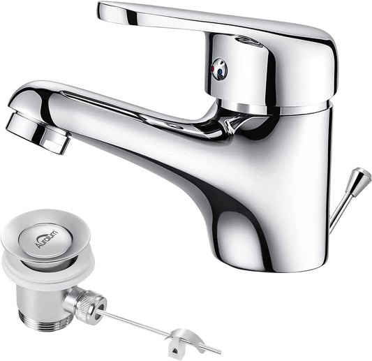 Rubinetto Bagno Lavabo,  Miscelatore, Scarico a Saltarello Con Asta Piletta, Rubinetto Monocomando per Piletta Lavandino, Classico Ottone Cromato Rubinetti