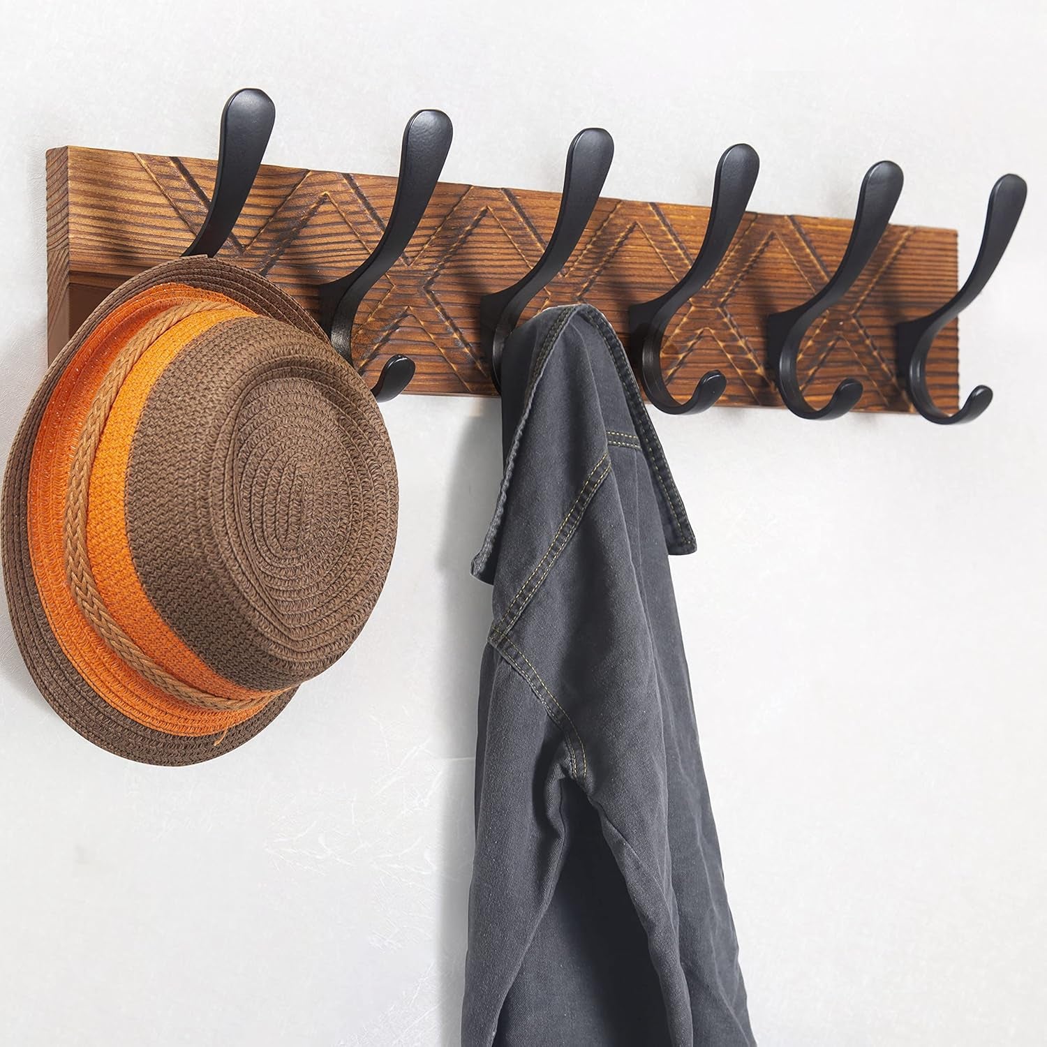 Appendiabiti Da Parete, in Legno Antico, Intagliato, Con 6 Ganci, per Appendere Cappotti, Cappelli, Vestiti, Sciarpe, Marrone E Nero