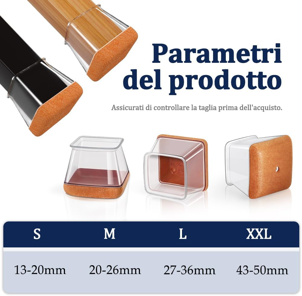 32 Pezzi Feltrini per Sedie Quadrati, Gommini per Sedie Con Feltrini Aggiornato Ispessito, Trasparente Tappi Silicone, Protezioni per Gambe Di Sedie Mobili per Pavimenti in Legno（Fit: 43-50Mm)