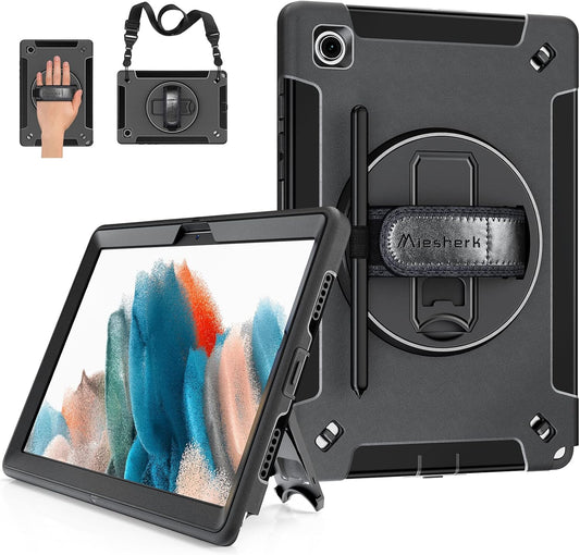 Custodia Case per Samsung Galaxy Tab A8 10.5:  Militare Robusta Protettiva Antiurto per Galaxy Tab A8 2021/2022 Sm-X200/X205/X207-Portapenne-Supporto Rotante-Tracolla Da Mano/Tracolla-Nero