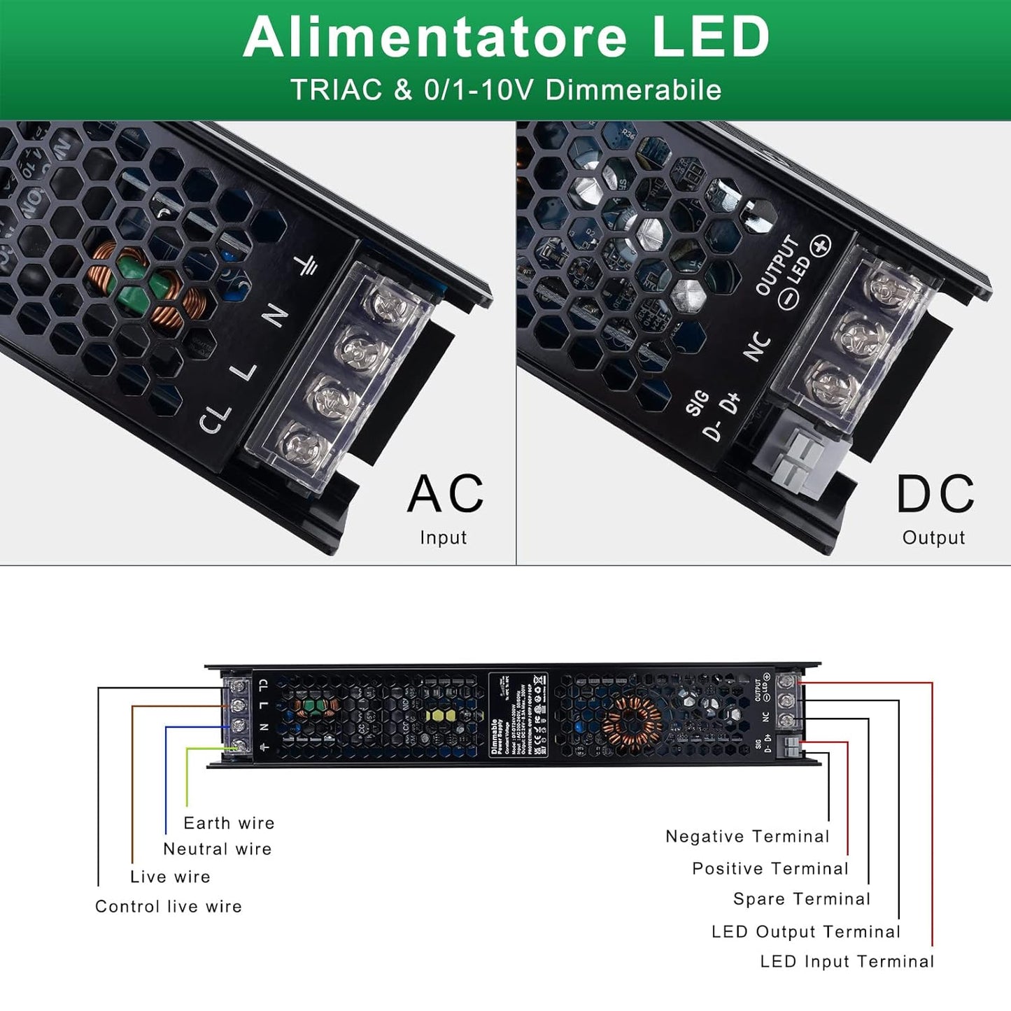 Trasformatore LED Dimmerabile 24V 200W, 0/1-10V E Dimmerazione a TRIAC, Alimentatore 24V 8.33A Di Tensione Costante, Driver LED Di Bassa Tensione per Strisce LED, Luce Dell'Armadio