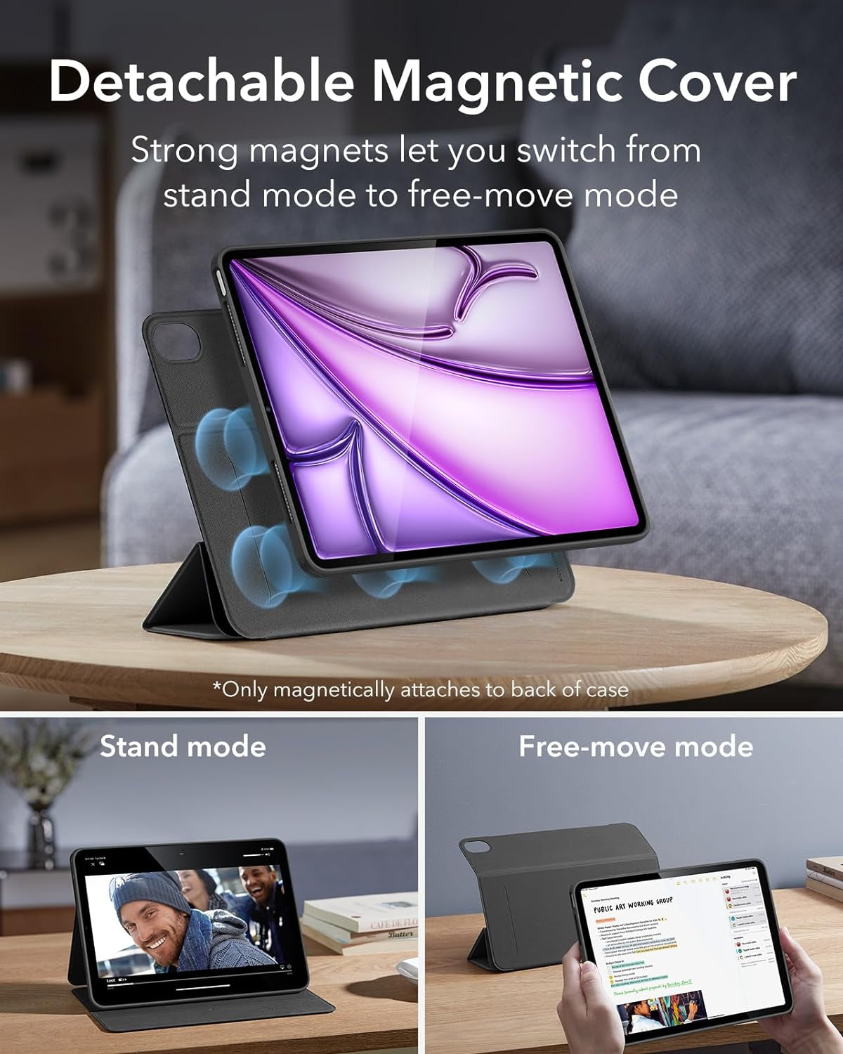 Cover per Ipad Air 13 Pollici M2 2024, Custodia Magnetica Rimovibile, Supporto per Pencil Pro/Pencil USB-C, Supporto Verticale E Orizzontale, Auto Attivazione/Standby, Serie Rebound 360, Nero