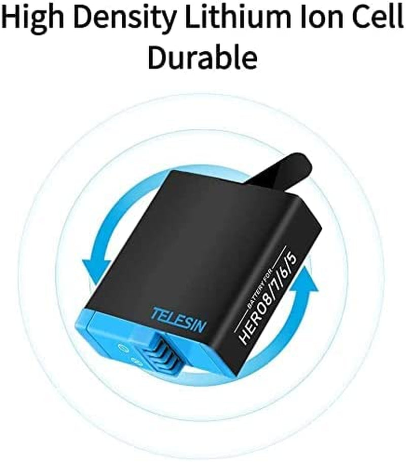 Caricabatteria Tripla E Scatola Di Immagazzinaggio Di Batteria Con Caricabatteria a 3 Canali Con 2 Batterie Ricaricabili Agli Ioni Di Litio per Gopro Hero 8 Black, Hero 7/6/5 Black