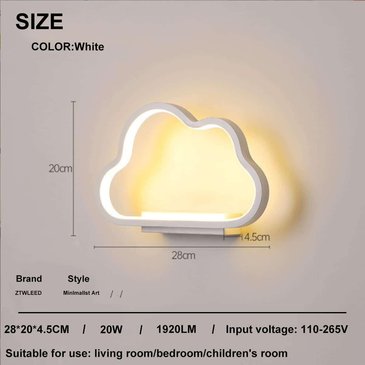 20W Applique Da Parete Interno,Semplice Lampada Da Parete LED a Forma Di Nuvola,Dimmerabile Tricolore Bianco Caldo-Bianco Naturale-Bianco Freddo,Ra≥85,Per Cameretta Bambini, Camera(Bianco)