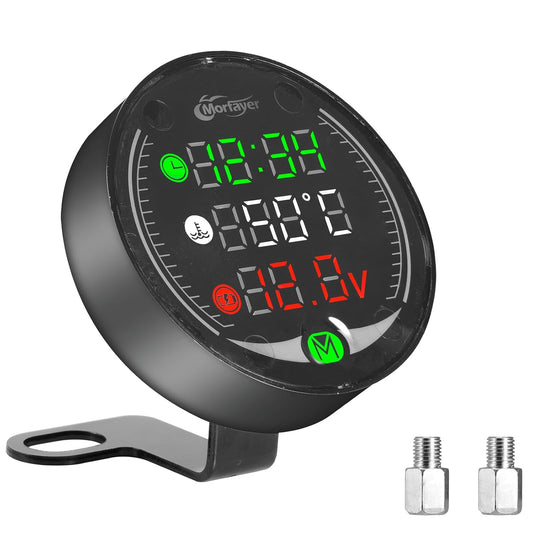 Contatore Moto LED 5 in 1, Termometro Digitale per Moto + Voltmetro ATV + Orologio Elettronico + Cronografo + Caricatore USB, Termometro Acqua Multifunzione Con Sensore per Moto