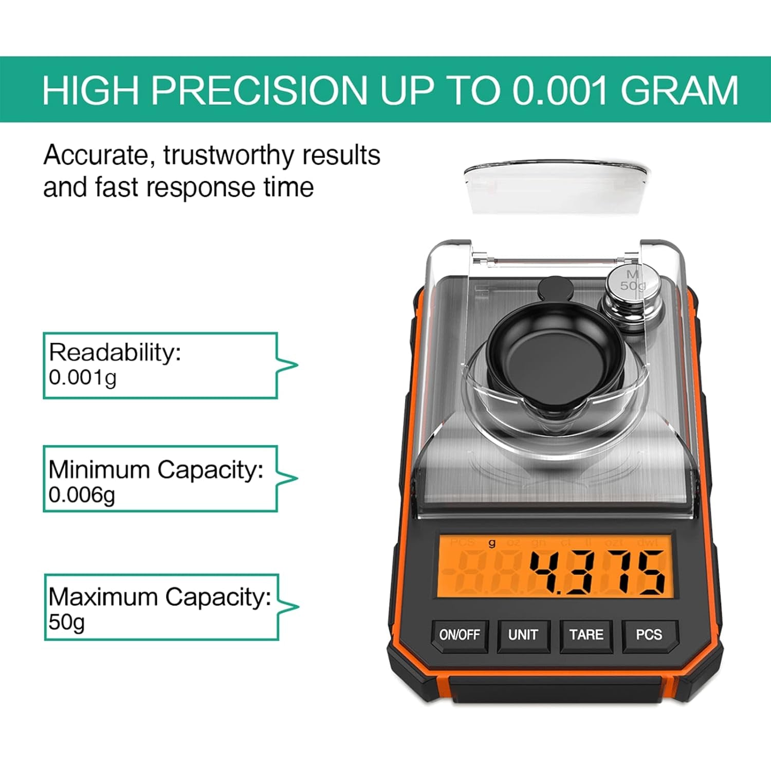 Bilancia Digitale Di Precisione, 50G/0,001G Mini Bilancia Tascabil Con Peso Di Calibrazione Da 50G E Pinzette Elettrostatiche, Bilancia Da Cucina Con Tara E LCD Retroilluminato - Arancia