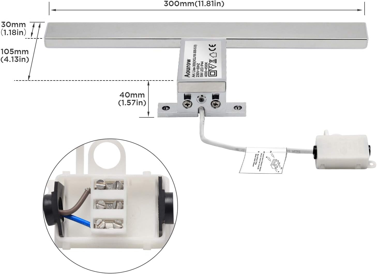 LED Lampada Da Specchio 5W,Luce Specchio Bagno Bianco Neutro 4000K,Specchio Armadio Lampada Da Bagno,Luce per Trucco,Lunghezza 30Cm,230 V Ip44,500Lm