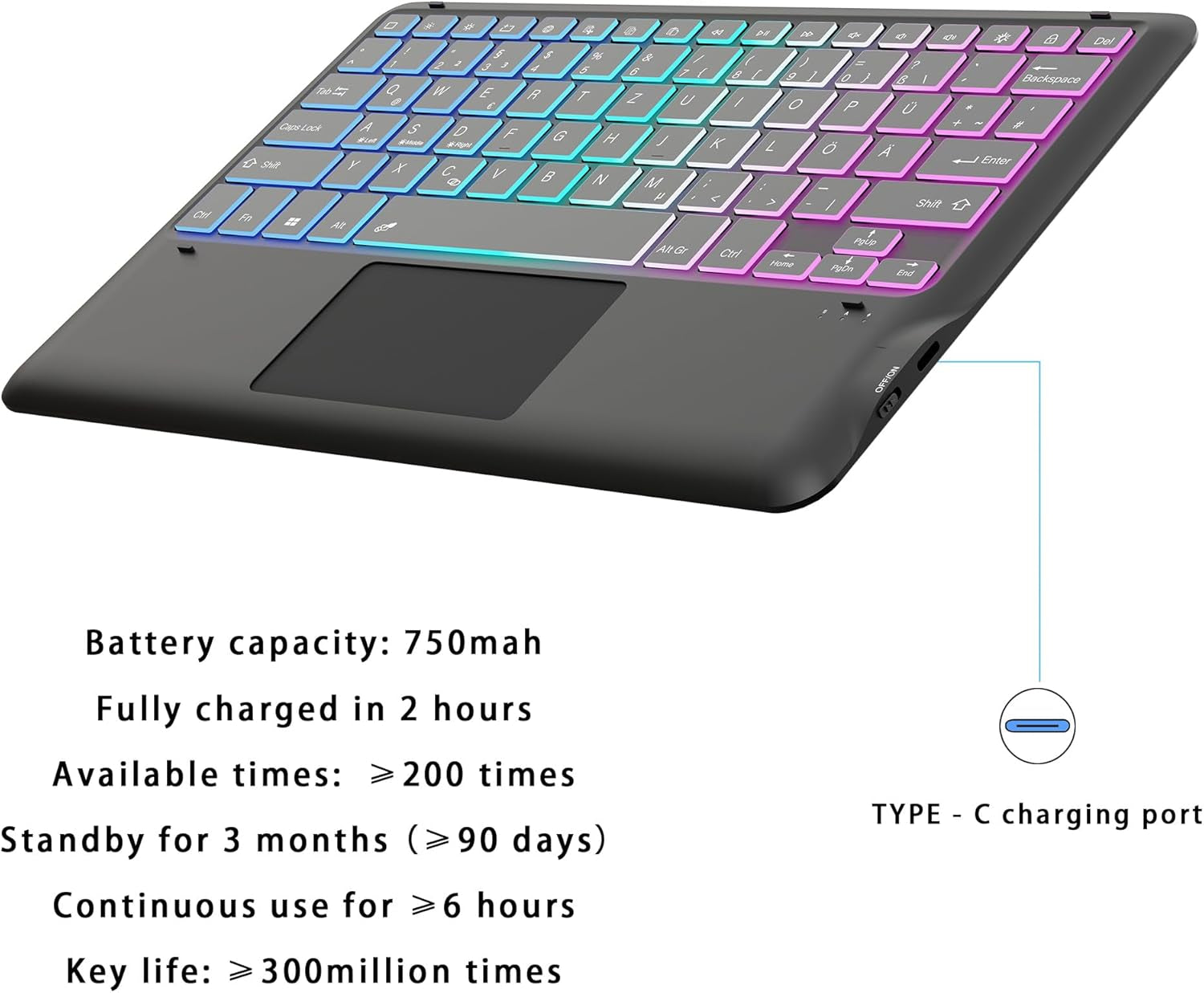 Custodia per Galaxy Tab S9 FE+/S9+ plus Da 12,4 Pollici Con Tastiera QWERTZ: Retroilluminazione a 3 Zone a 7 Colori, Smart Touchpad, Tastiera Rimovibile per Samsung Galaxy Tab S9 FE+/S9+ 12.4"