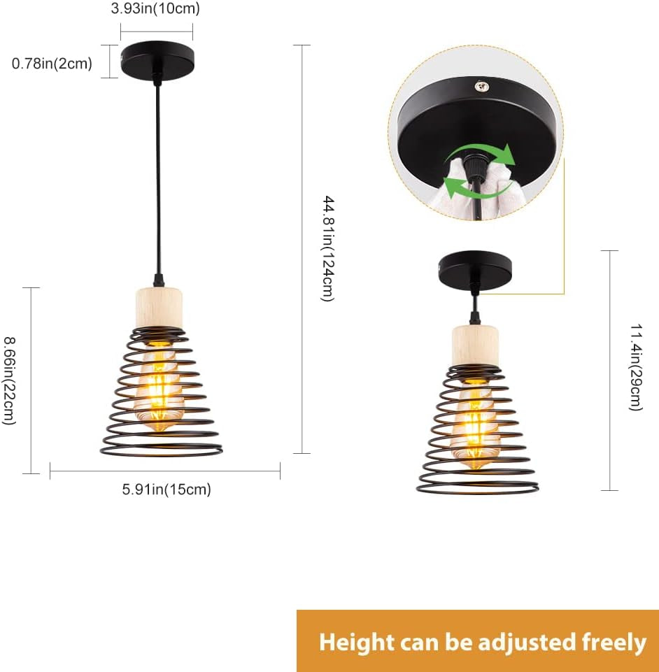 Lampada a Sospensione in Metallo Vintage Con Legno,Nero Lampada a Sospensione Retrò Regolabile,Lampada a Sospensione Moderna per Sala Da Pranzo Cucina Soggiorno Bar Ristorante, Ø15Cm