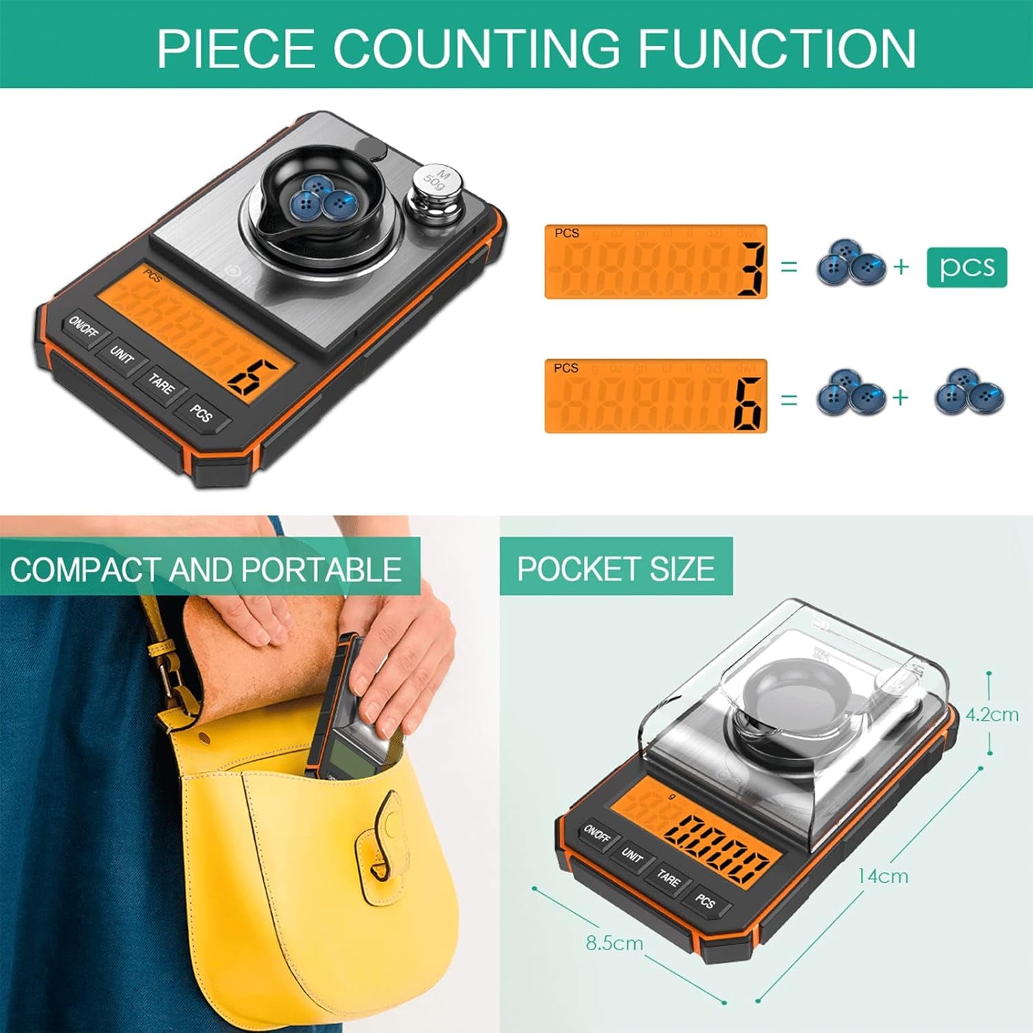 Bilancia Digitale Di Precisione, 50G/0,001G Mini Bilancia Tascabil Con Peso Di Calibrazione Da 50G E Pinzette Elettrostatiche, Bilancia Da Cucina Con Tara E LCD Retroilluminato - Arancia