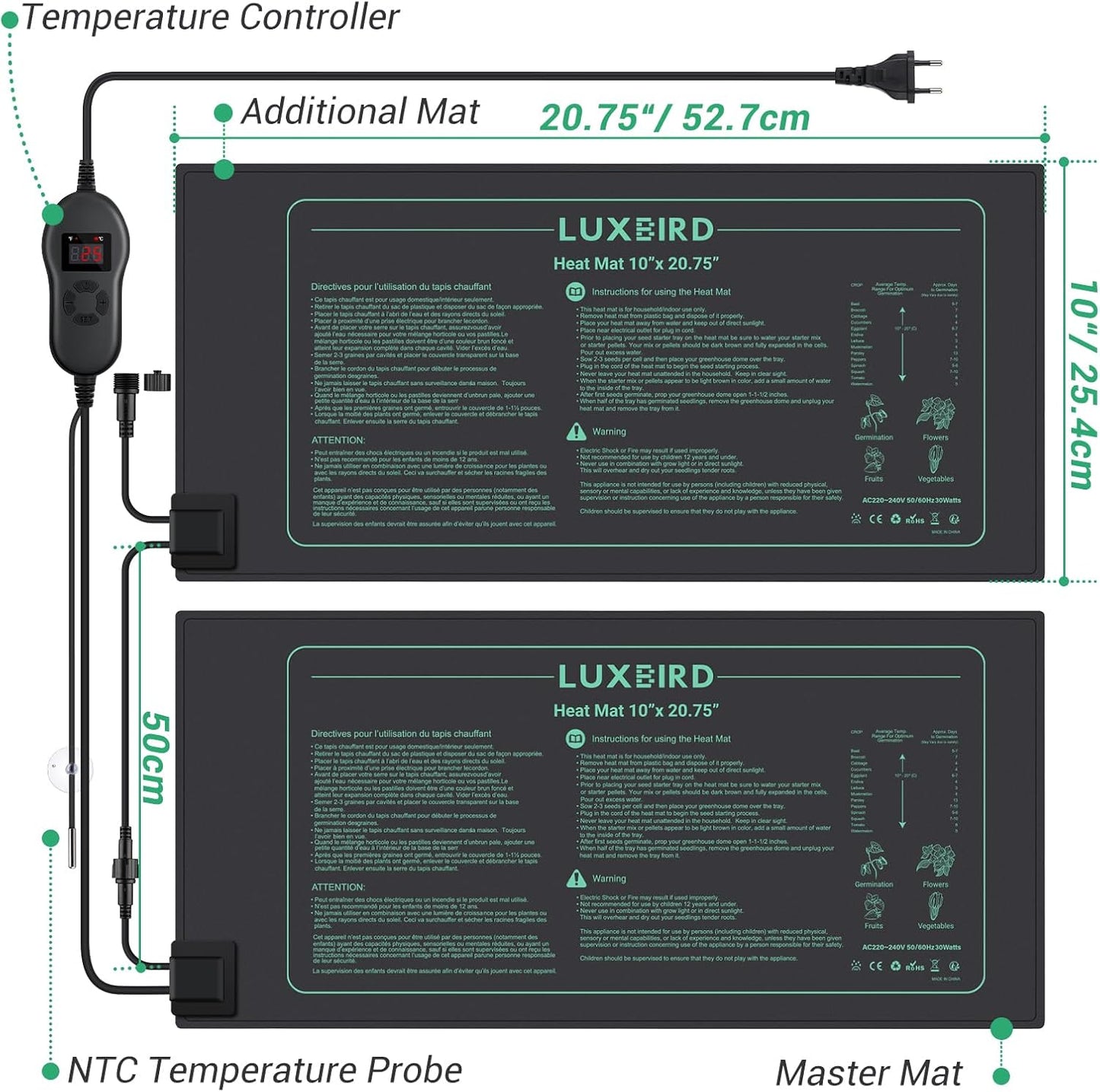 Termico E Set Termostato per Piantine, 2 Tappetini Riscaldanti Con 1 Controller, Impermeabile IP67, 10" X 20,75", 30 Watt, Ideale per La Semina Indoor, Produzione Di Birra in Casa