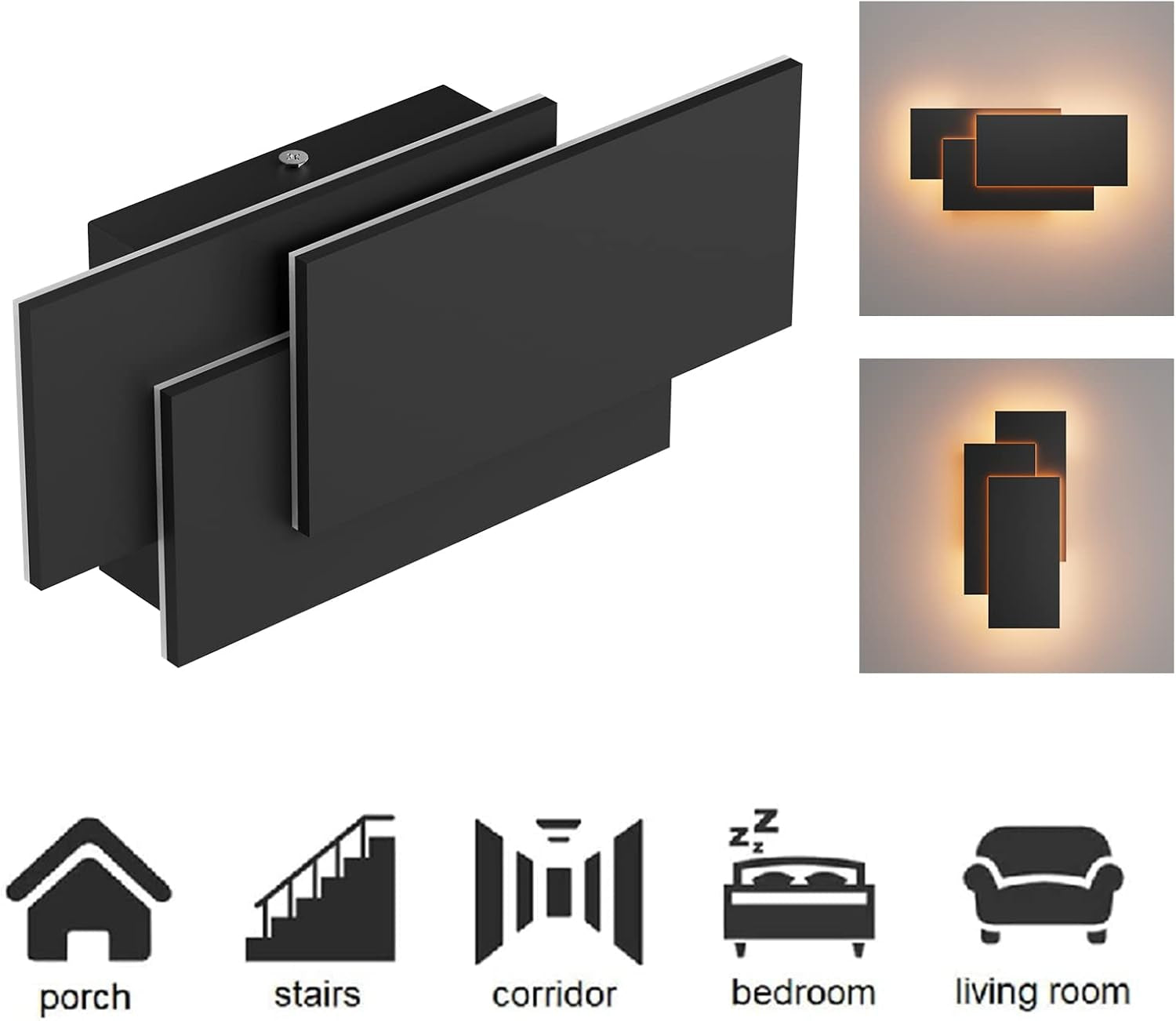 24W Lampada Da Parete Applique Da Parete Interni Moderno LED Bianco Caldo 3000K Lampada Da Muro per Soggiorno, Camera Da Letto, Corridoio, Scale (Nero)