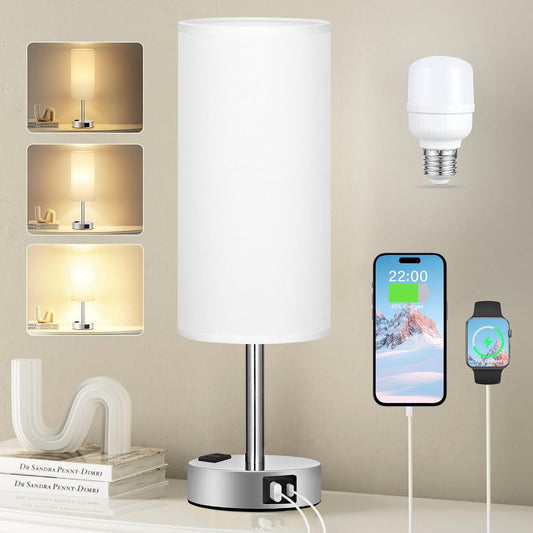 Lampada Da Comodino Touch Dimmerabile, Lampada Da Tavolo Con Porte Usb-C+A+Presa, Paralume Bianco Base Argento, Abat Jour Da Comodino per Camera Da Letto Soggiorno Ufficio(Lampadina Inclusa)