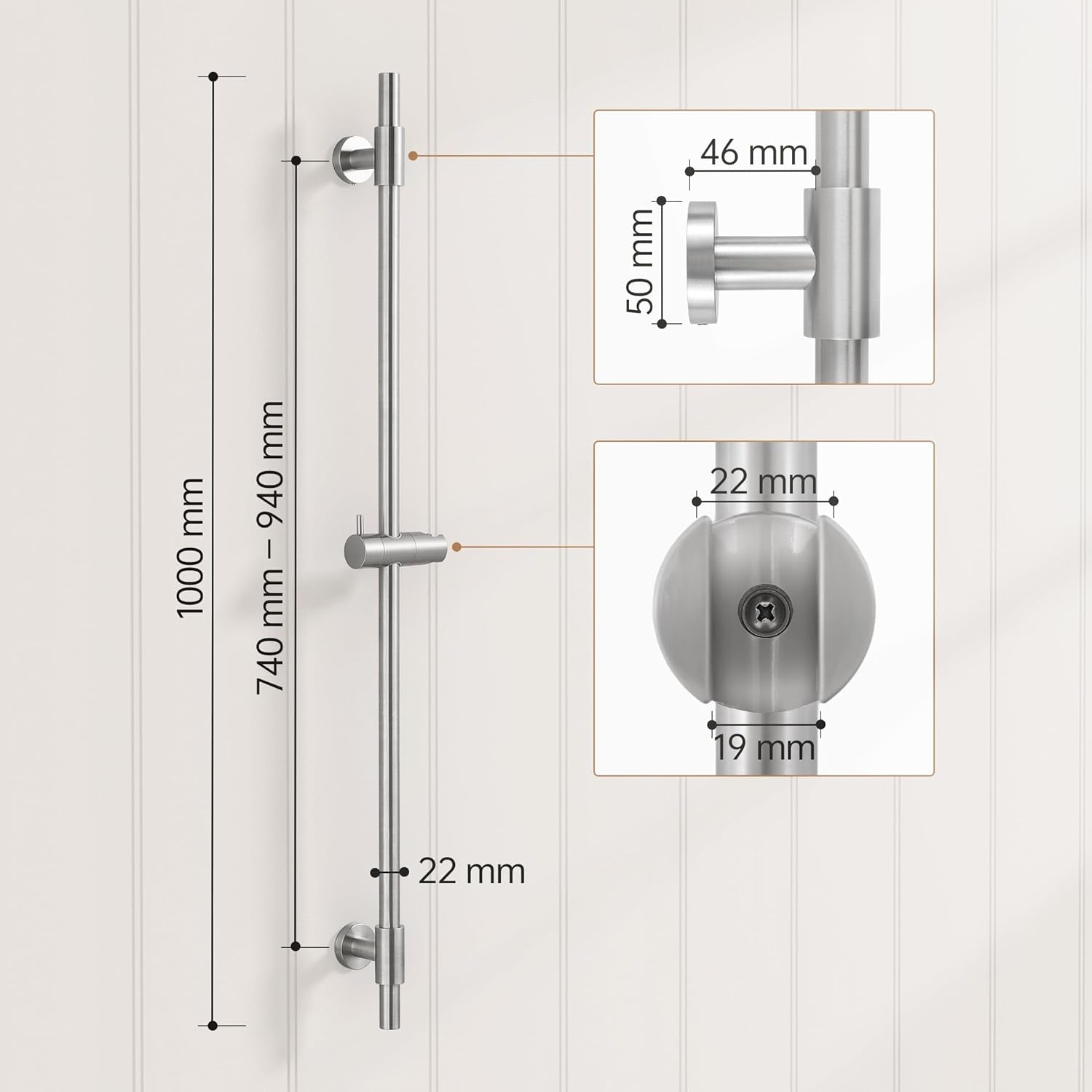 Saliscendi Doccia Acciaio Inox SUS304 100CM, Asta Doccia Saliscendi Asta Doccia Con Supporto Soffione Regolabile, Spazzolato, F209S100-BS