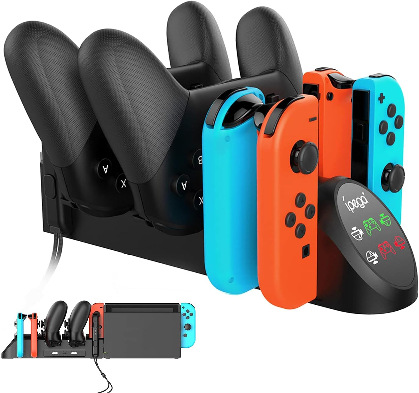 Dock Di Ricarica Compatibile Con Controller Nintendo Switch Pro E per Joy Cons E Modello OLED per Joycon, Caricabatterie Multifunzione per Switch Con 2 Spine USB 2.0 E Porte 2.0