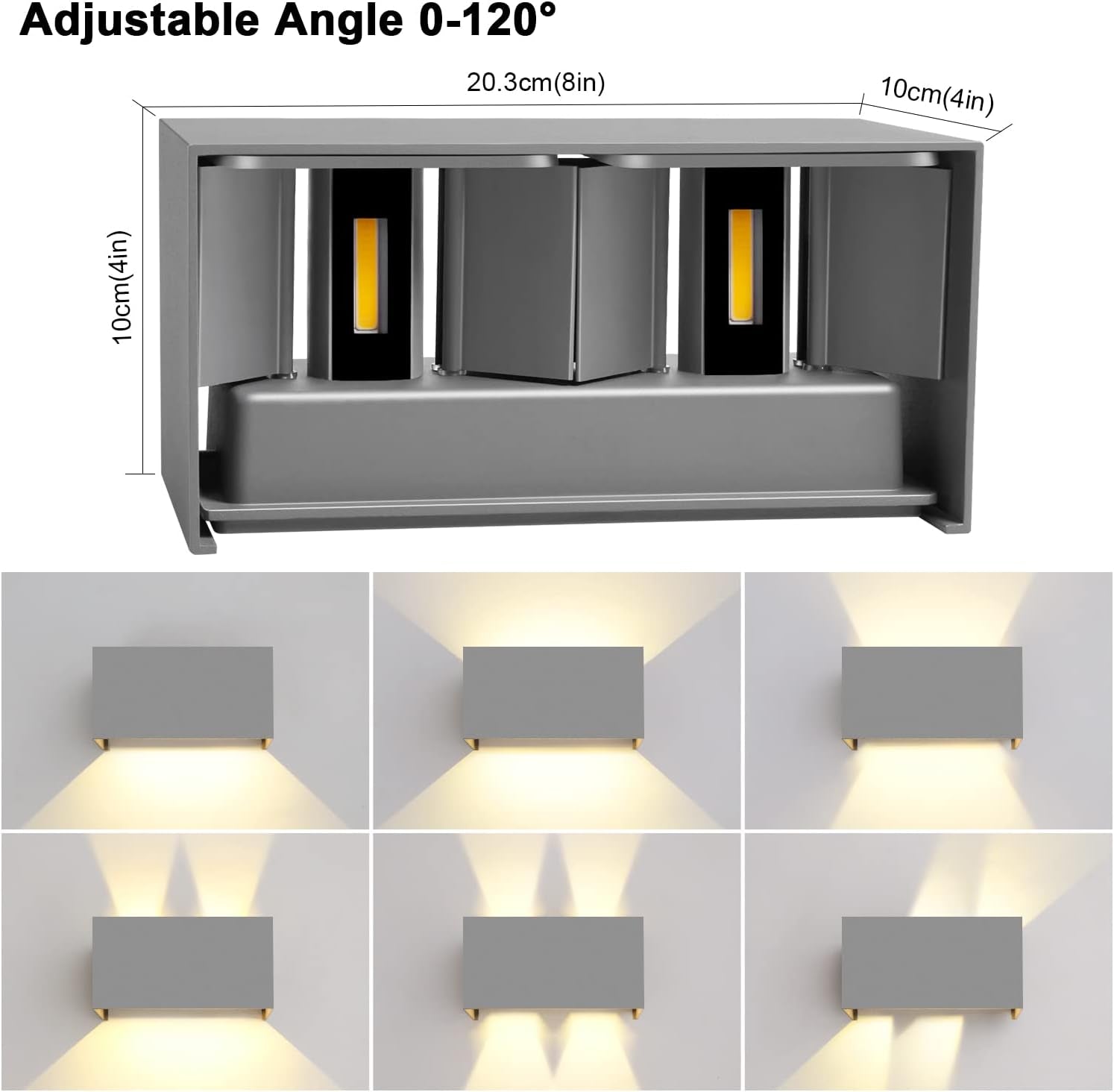 20W Applique Esterno 3000K Bianco Caldo Applique Da Parete Interno Angolo Del Fascio Regolabile Lampade Da Parete IP65 Impermeabile Grigio Applique Led